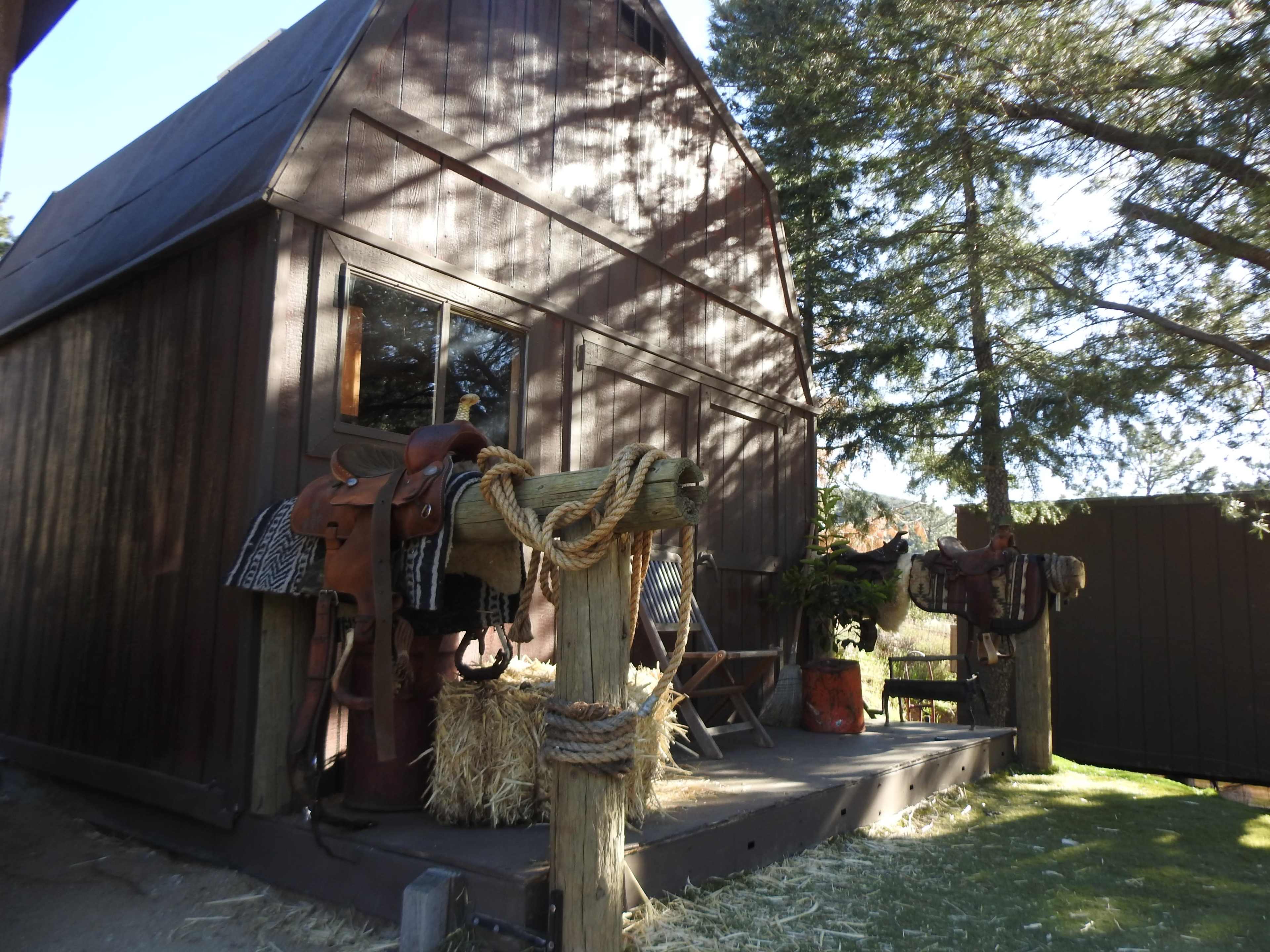 A wooden barn features saddles displayed on wooden posts outside, surrounded by hay bales and trees.