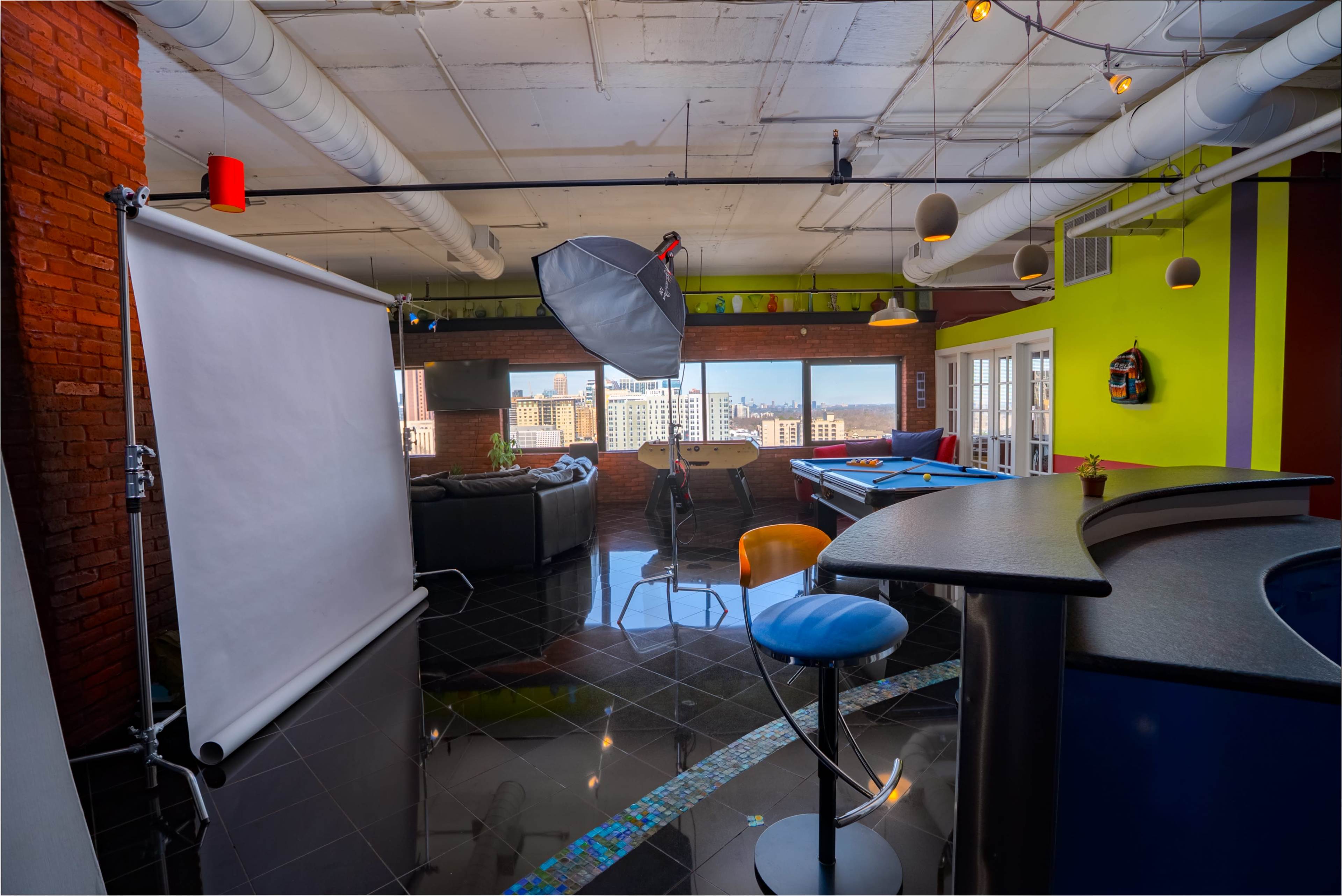 Skyline Loft Production Studio Setup, Game Lounge & Theater – Natural Light Image in Downtown Atlanta, Atlanta, GA