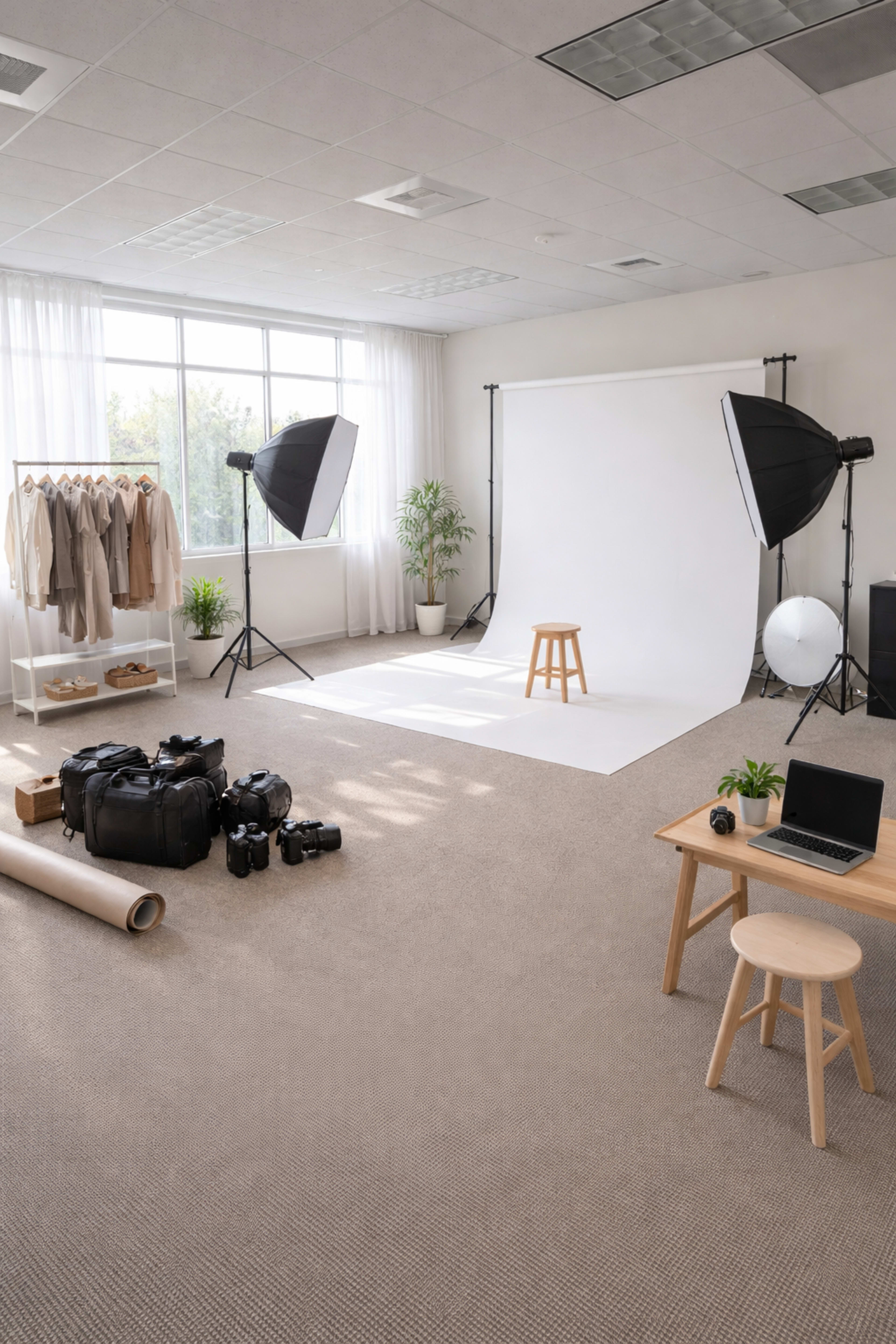 A photography studio is set up with softboxes, a backdrop, a stool, a laptop, and camera equipment arranged on the floor.