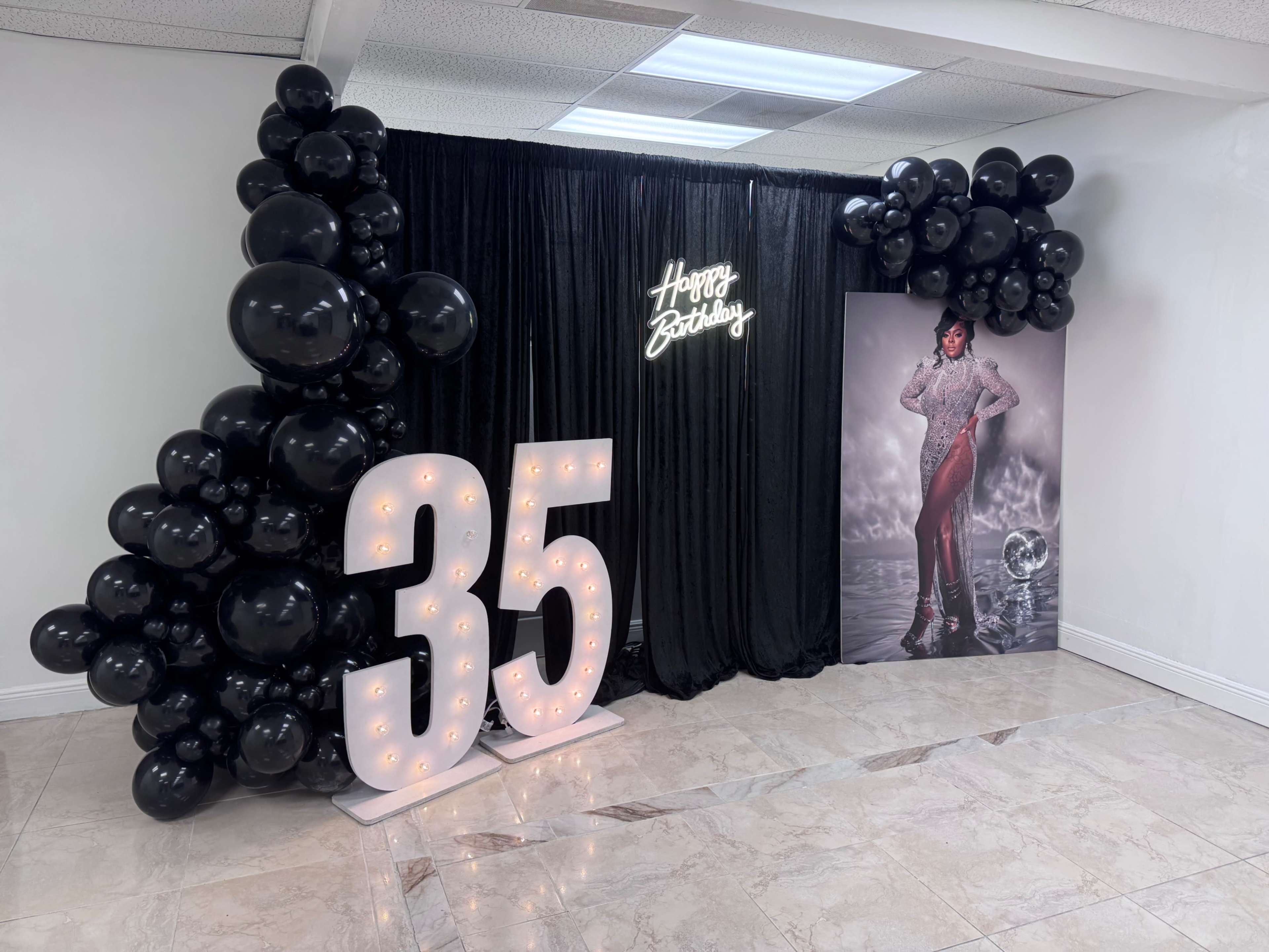 The image shows a party setup featuring a black backdrop with large black balloons, illuminated numbers "35," and a sign that reads "Happy Birthday."