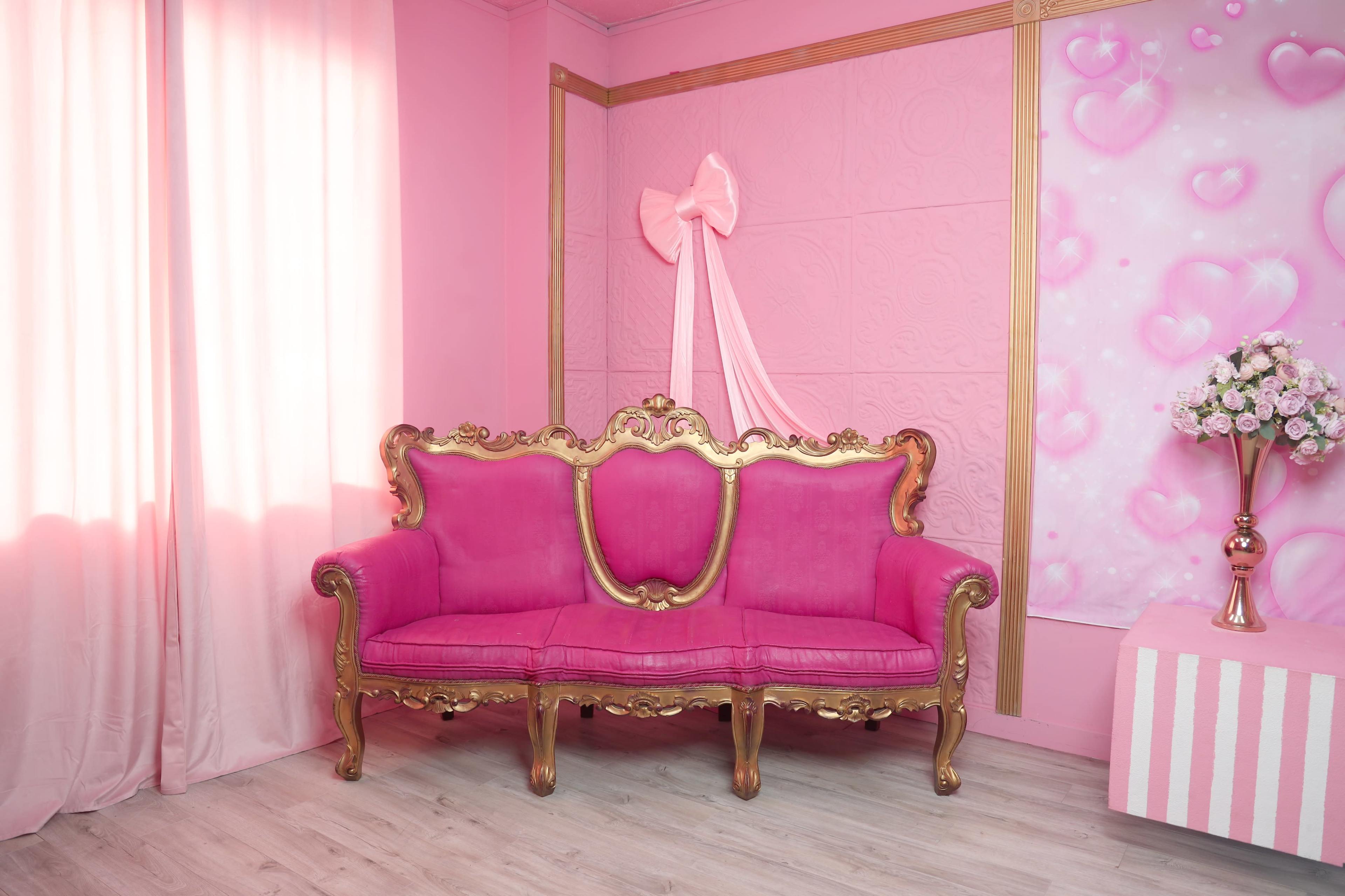 The image shows a pink-laden room featuring a gold-accented pink Victorian-style sofa, a floral arrangement, and pink wall decor.