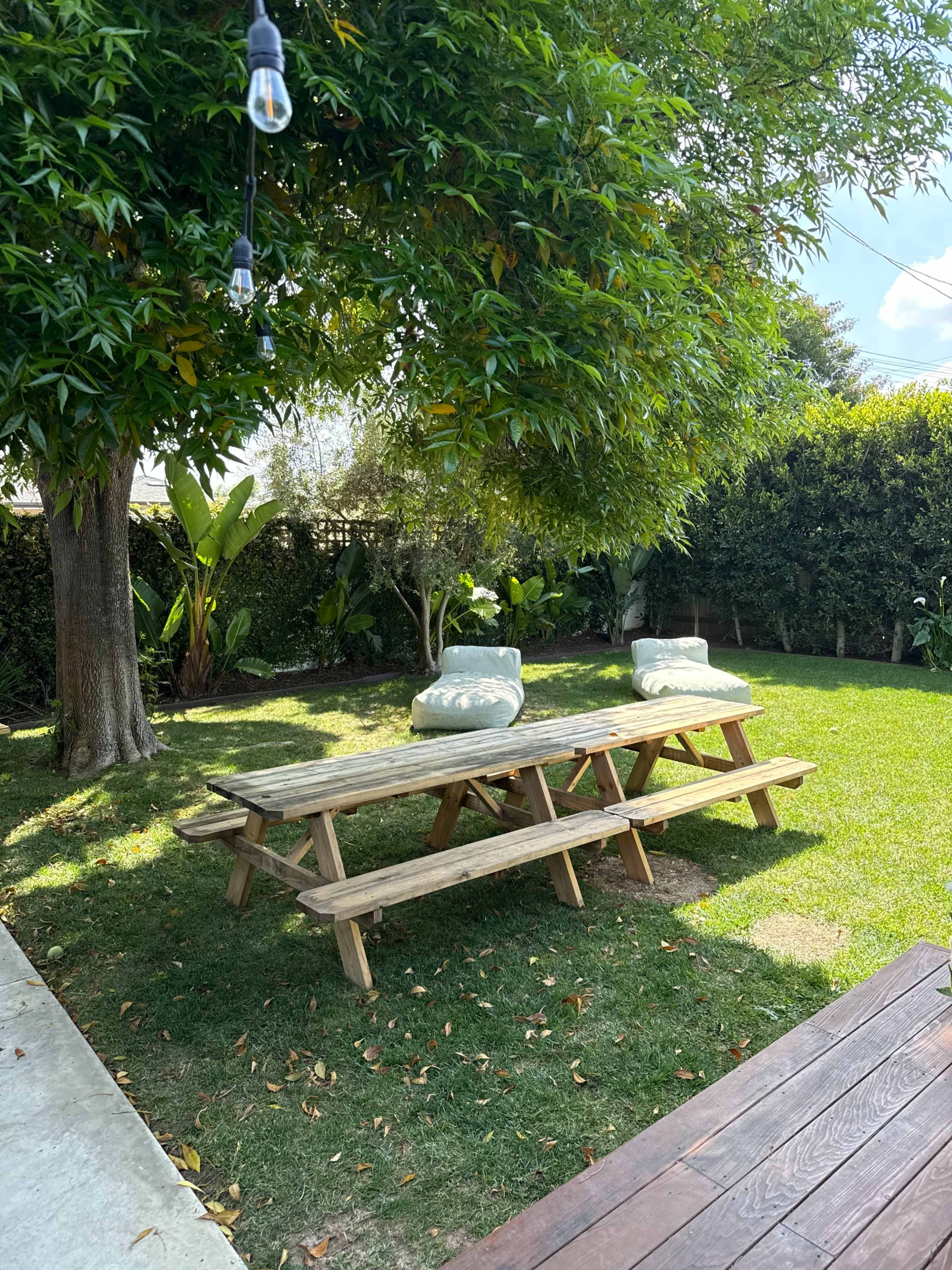 A wooden picnic table with cushions sits under a leafy tree in a grassy backyard.