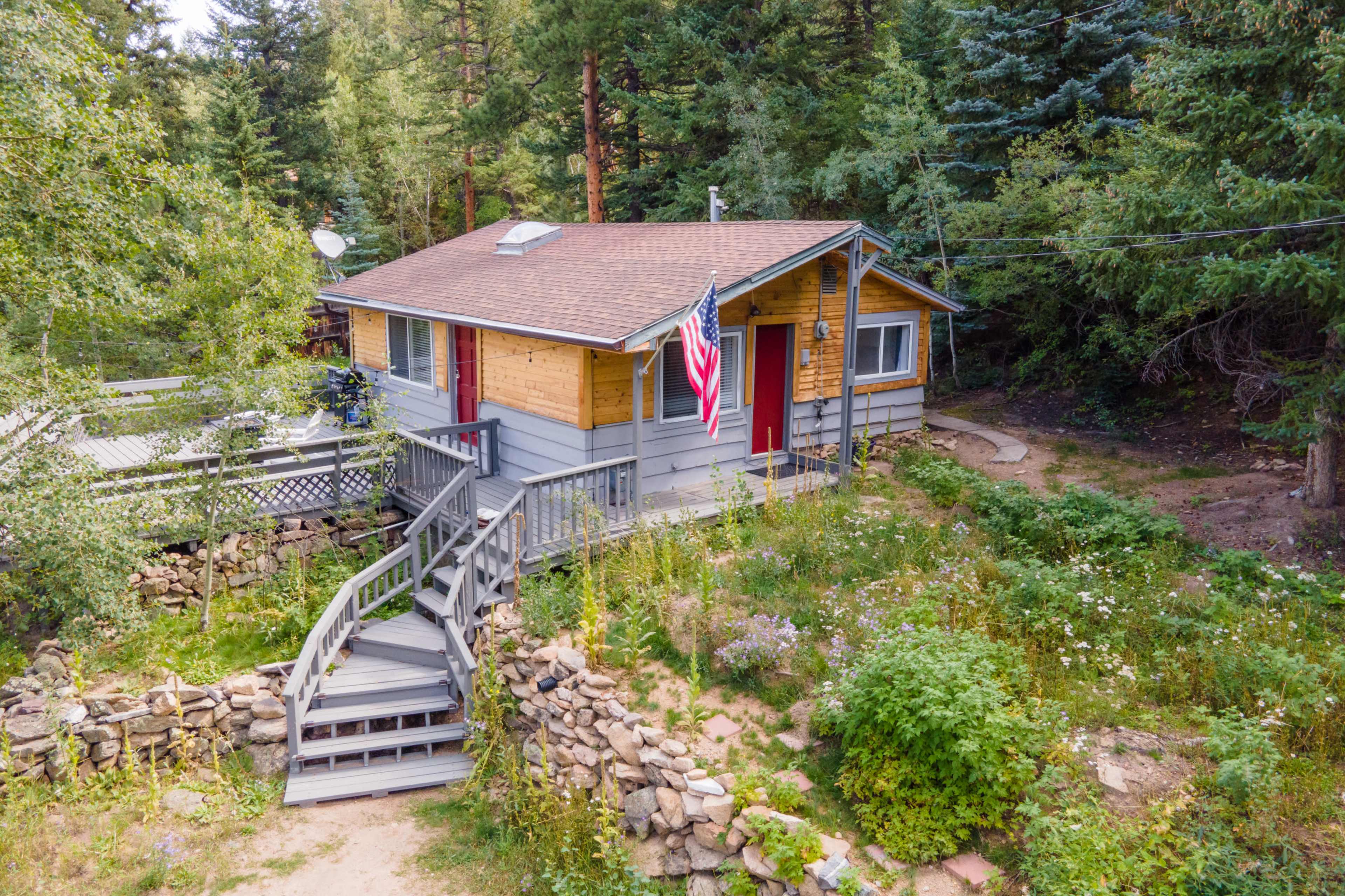 A small wooden cabin with a stone pathway is surrounded by trees and features an American flag hanging from the front porch.