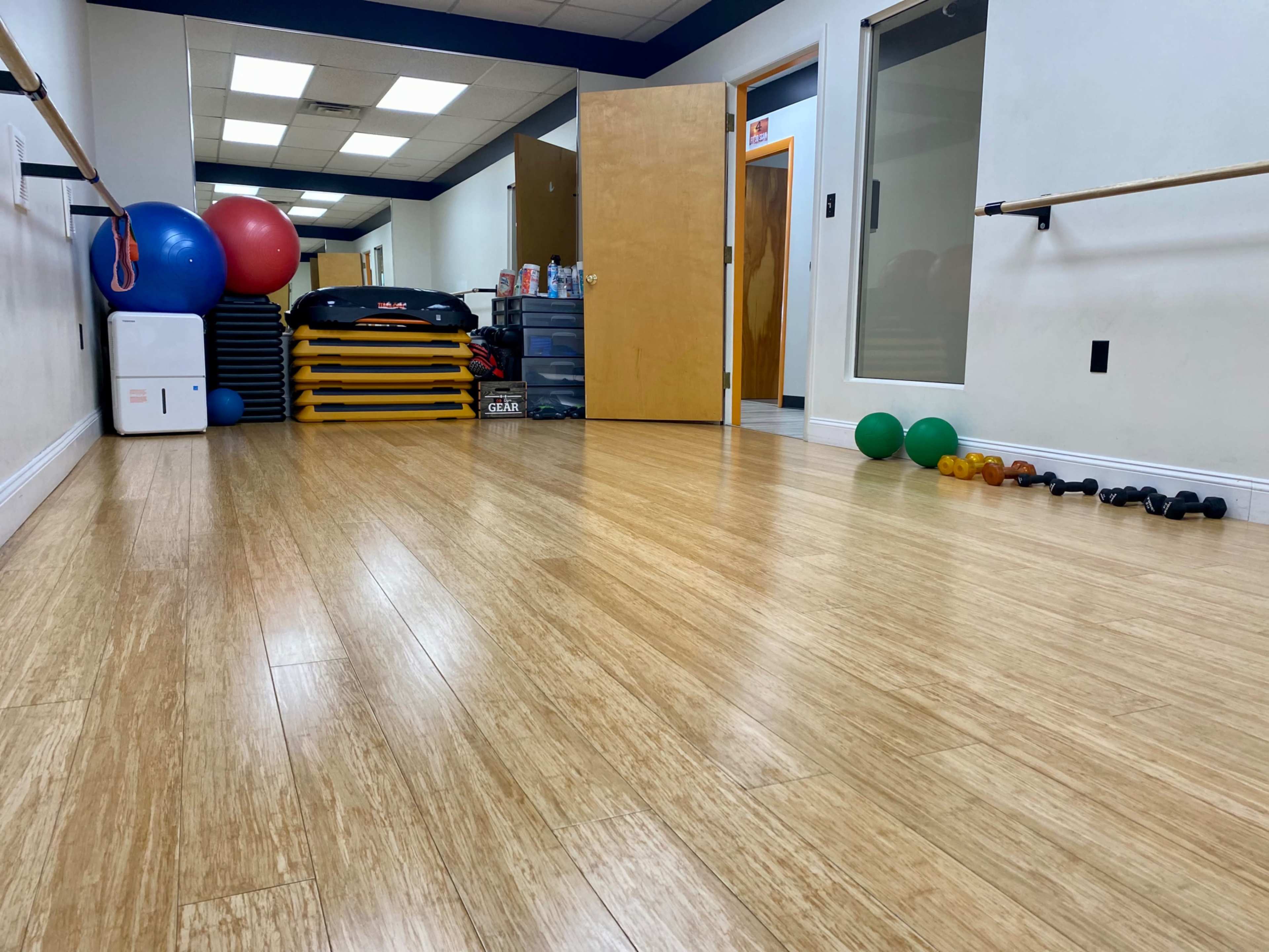 The image shows a fitness studio with exercise equipment, including exercise balls, weights, and a mirrored wall.
