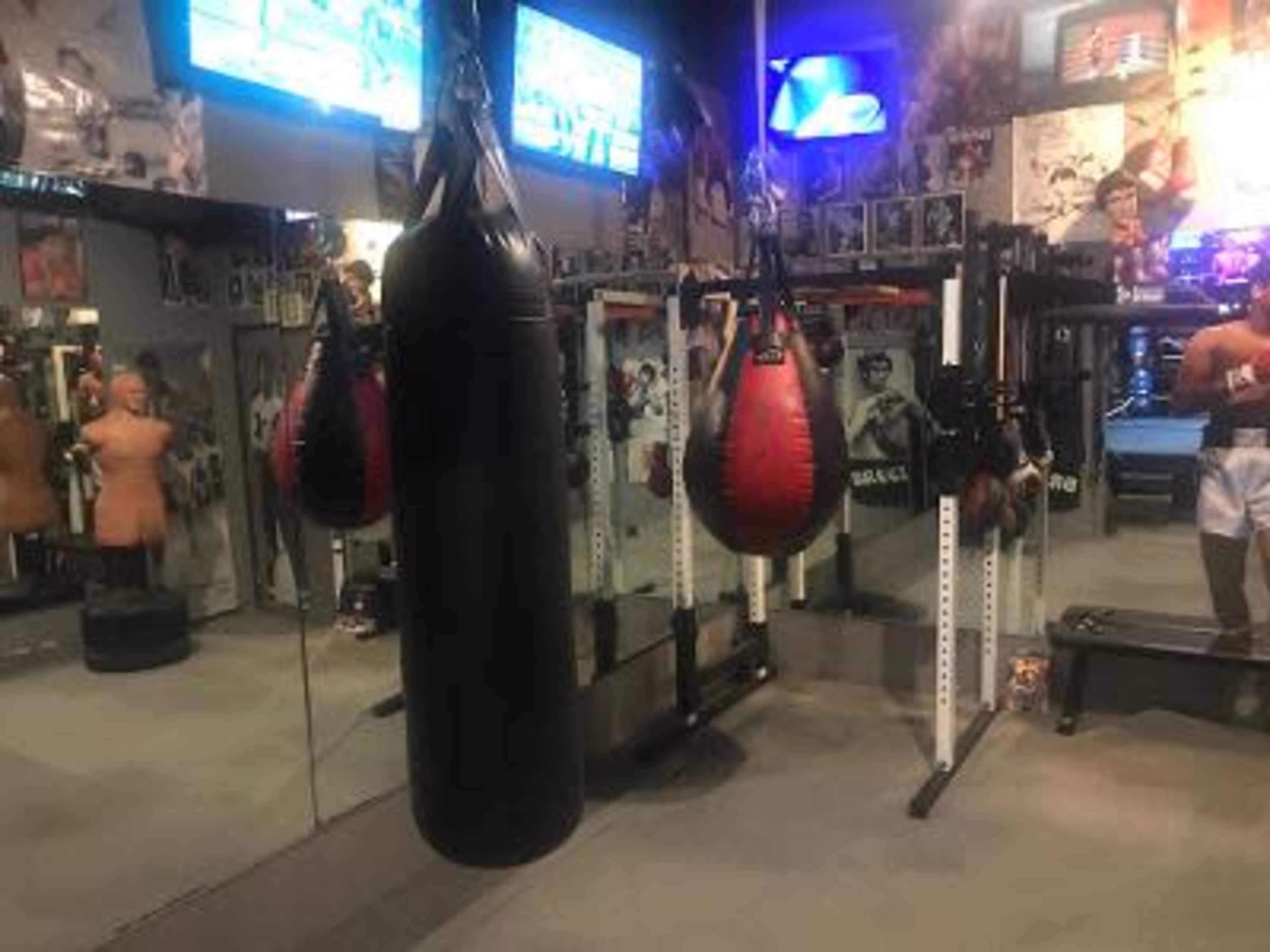 The image shows a boxing training facility with a black heavy bag, a red speed bag, and various training equipment surrounded by mirrors and boxing posters on the walls.