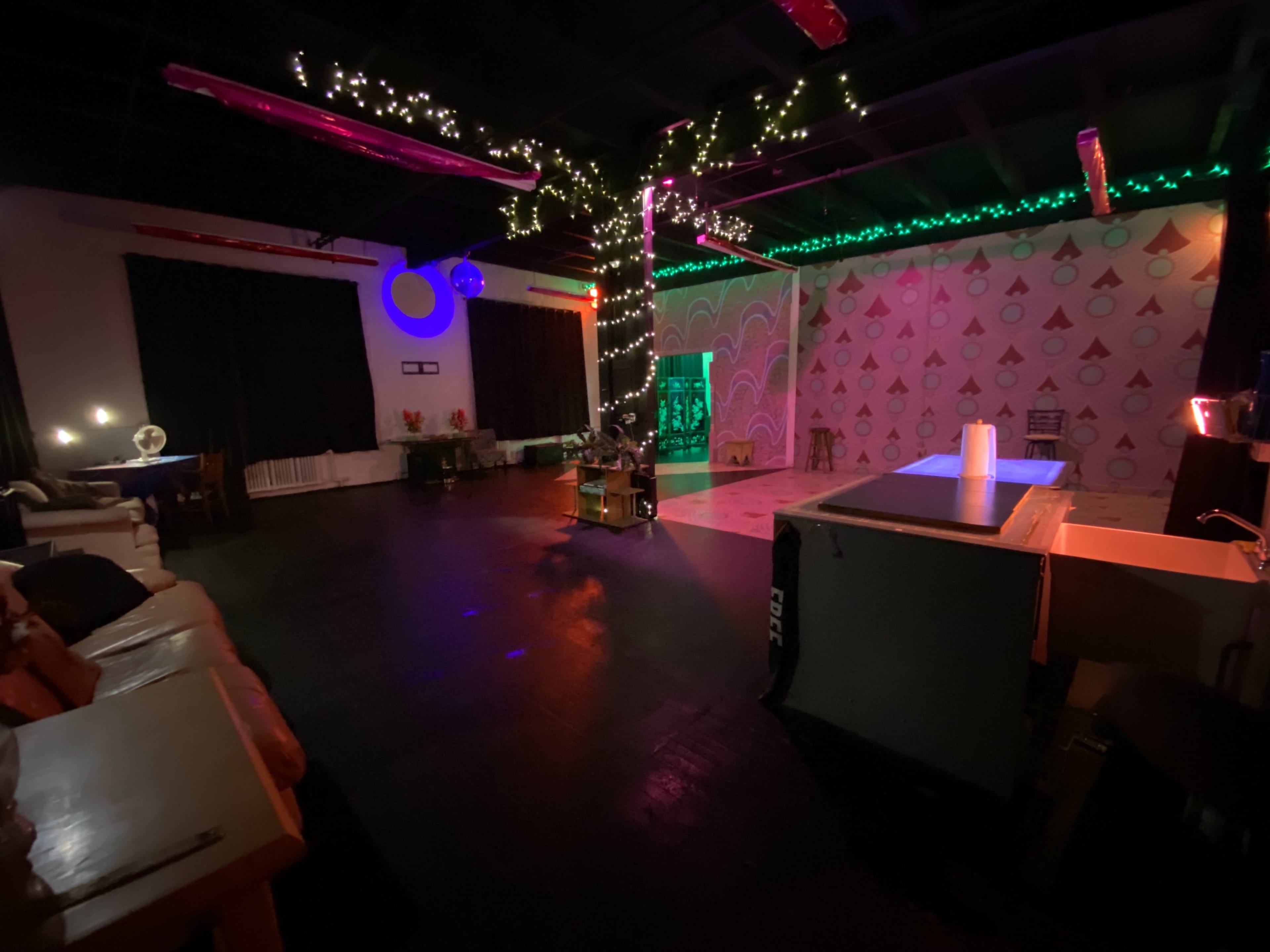 A spacious room with dark flooring, decorated with colored lights, a tree wrapped in fairy lights, and patterned wallpaper.