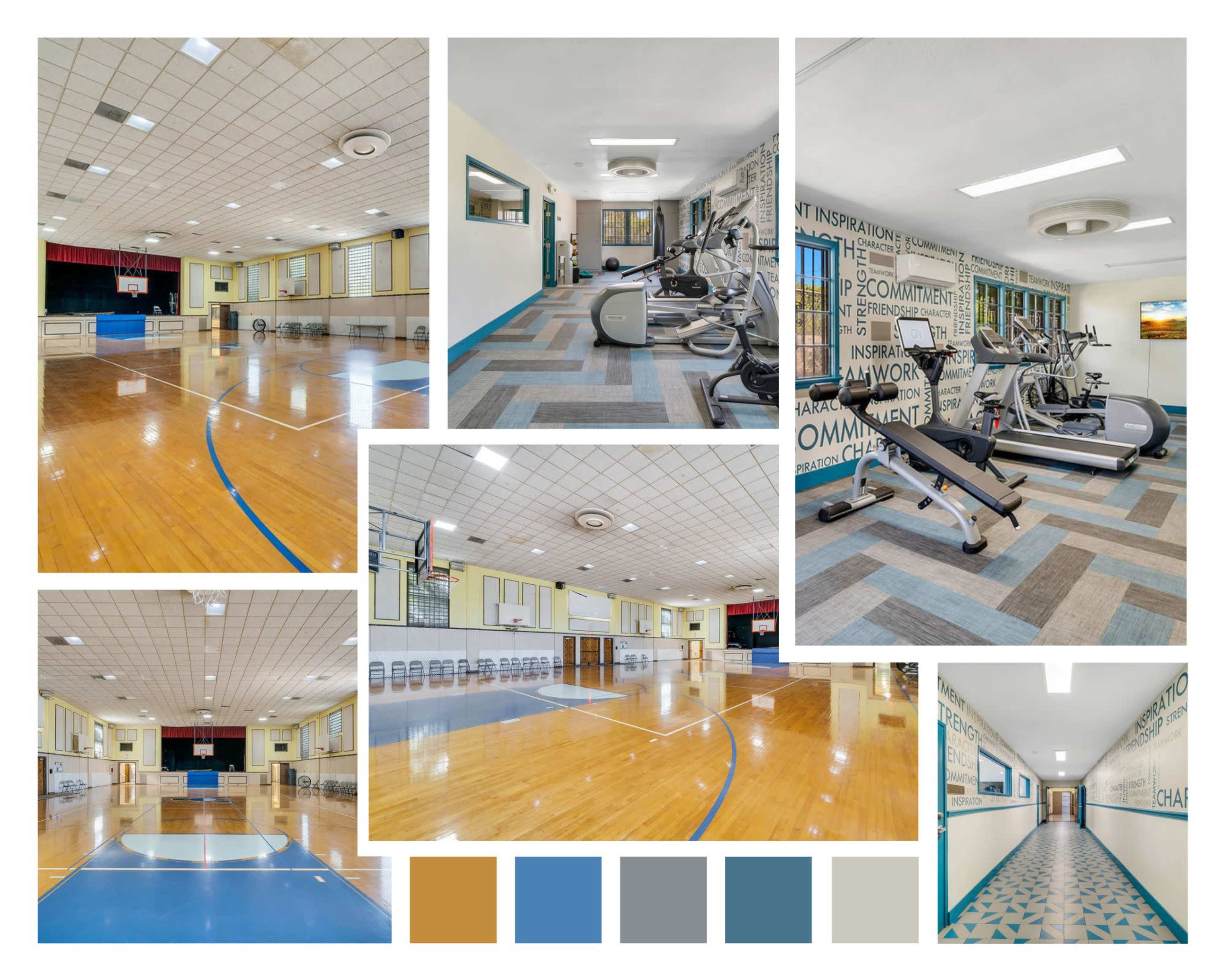 A multi-purpose sports facility featuring a gymnasium, exercise area with equipment, and a hallway, all prominently displaying hardwood floors and various wall designs.