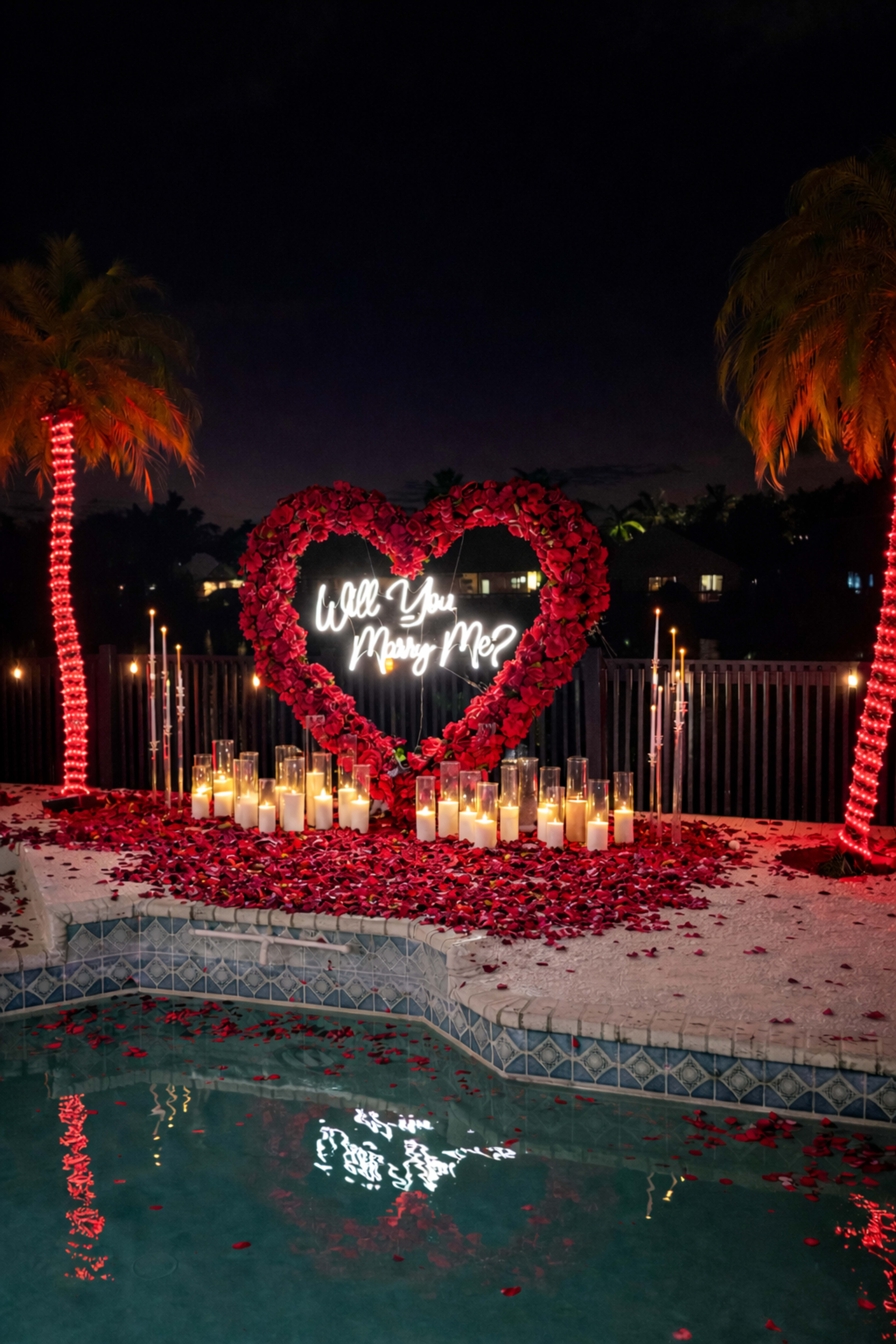 A large heart-shaped arrangement of red roses with the words "Will You Marry Me?" illuminated by lights stands by a swimming pool surrounded by candles and palm trees at night.