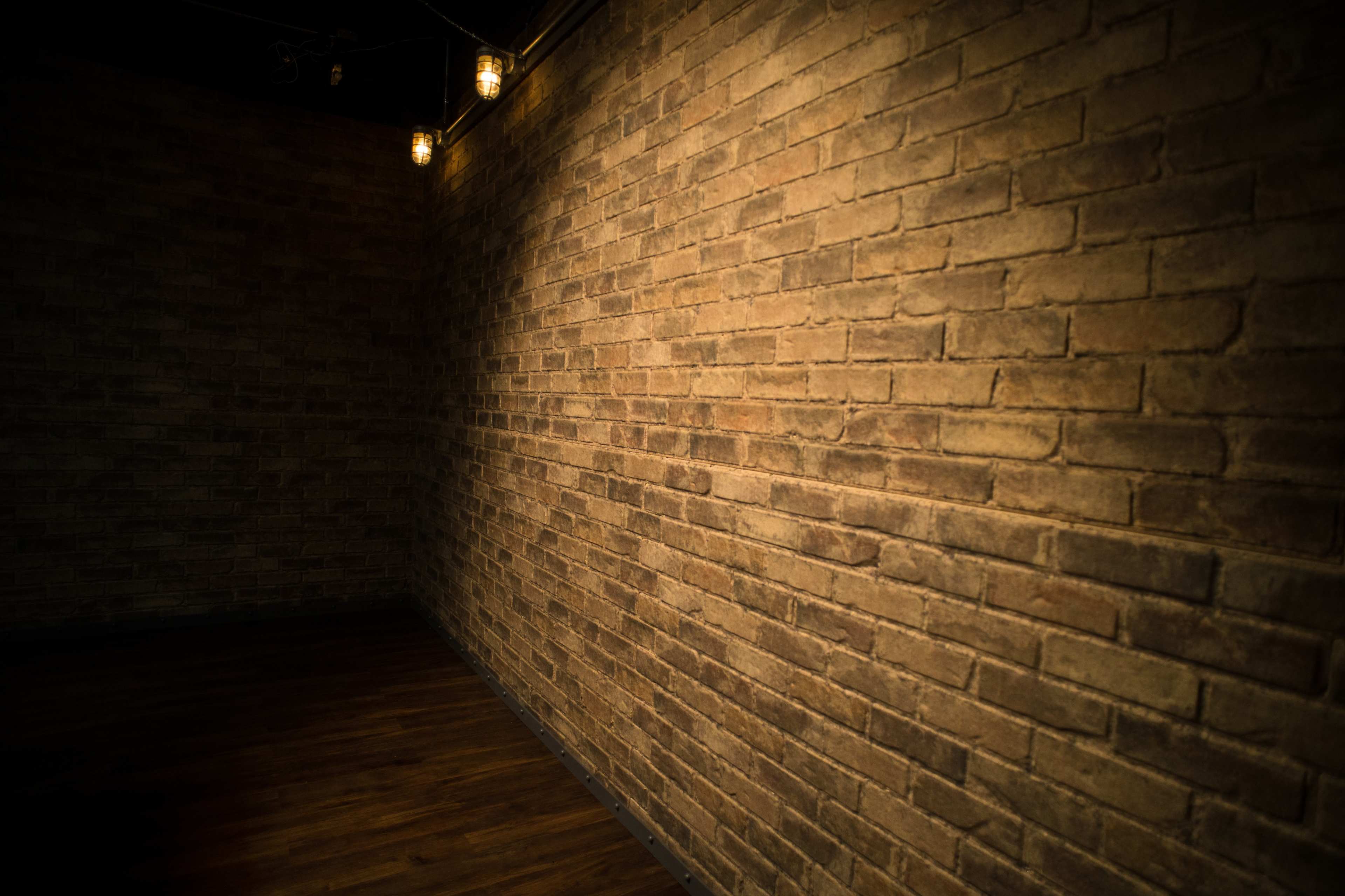 A dimly lit interior featuring a textured brick wall and wooden flooring.