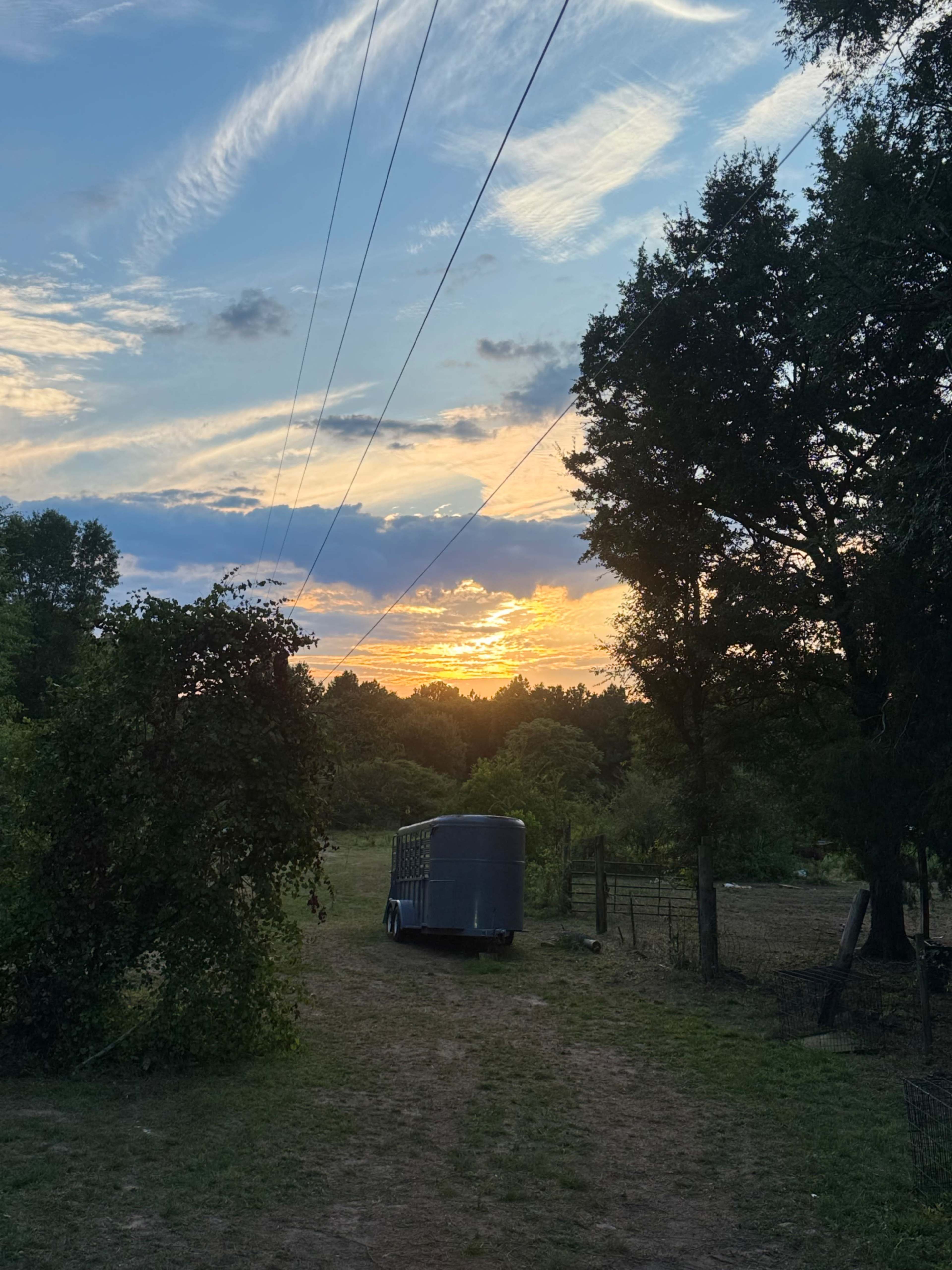 A horse trailer sits on a dirt path as the sun sets behind trees and clouds.