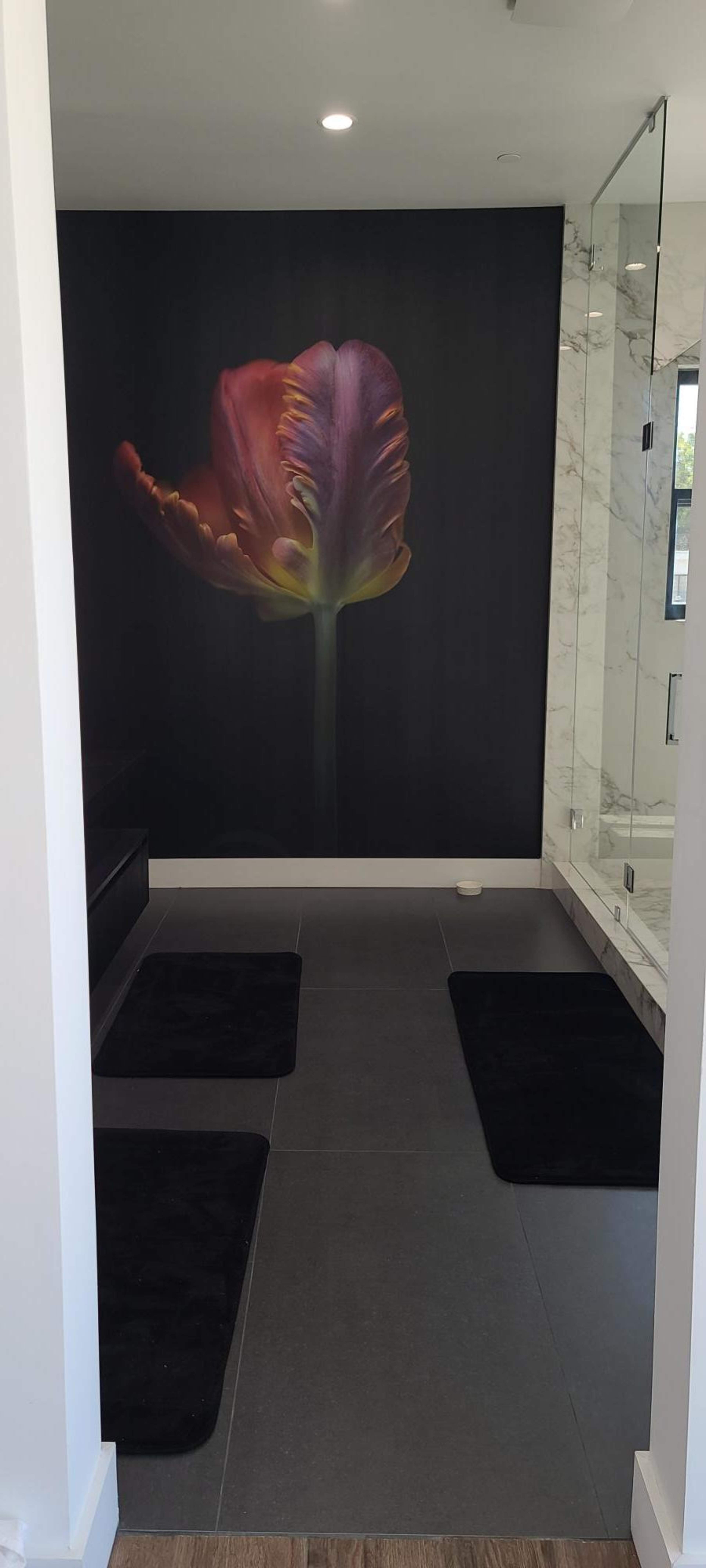 A modern bathroom with a large floral mural on the wall, black mats on the floor, and a glass shower enclosure.