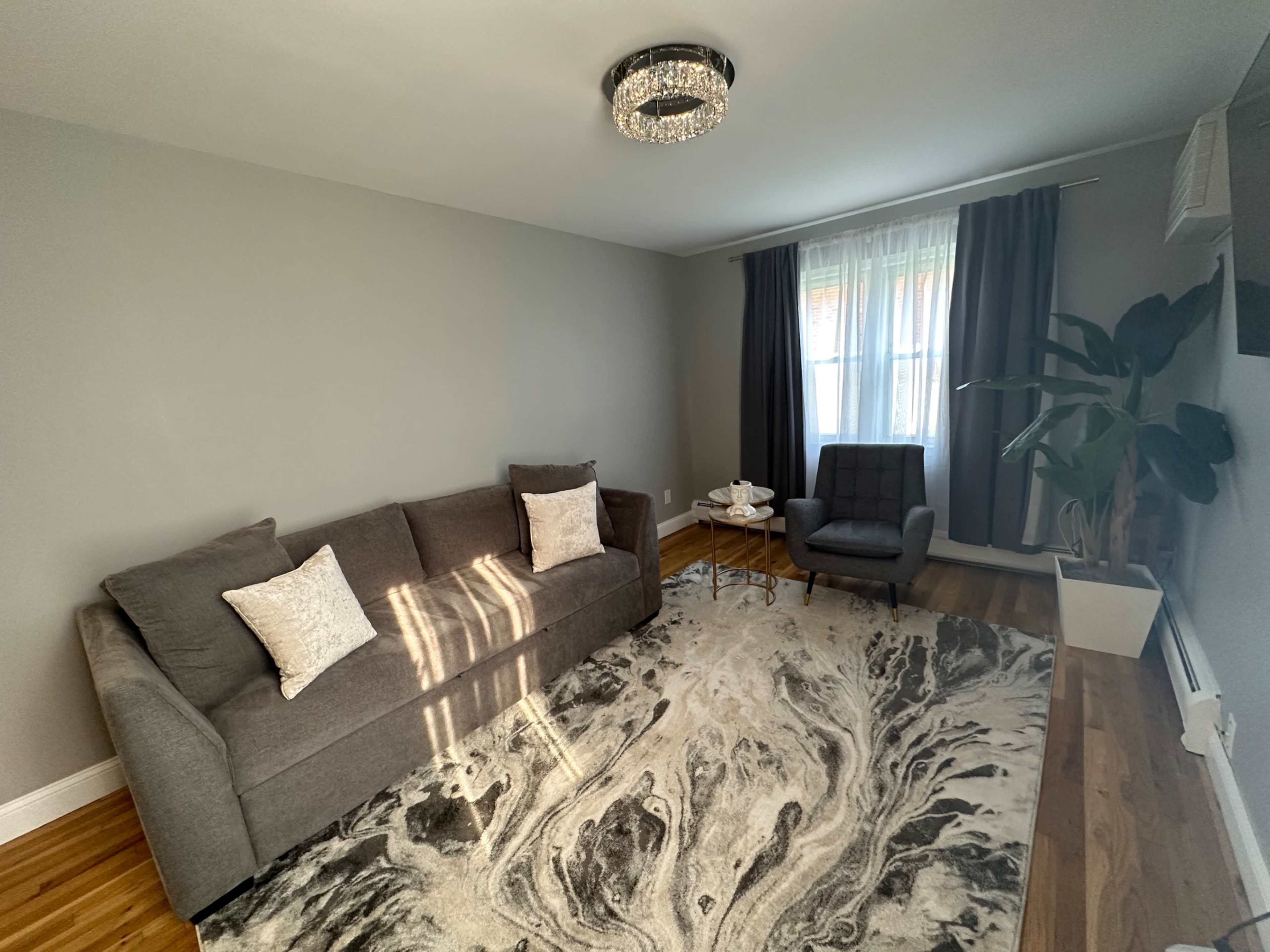The living room features a gray sofa and an armchair, a patterned area rug, and large windows with curtains.