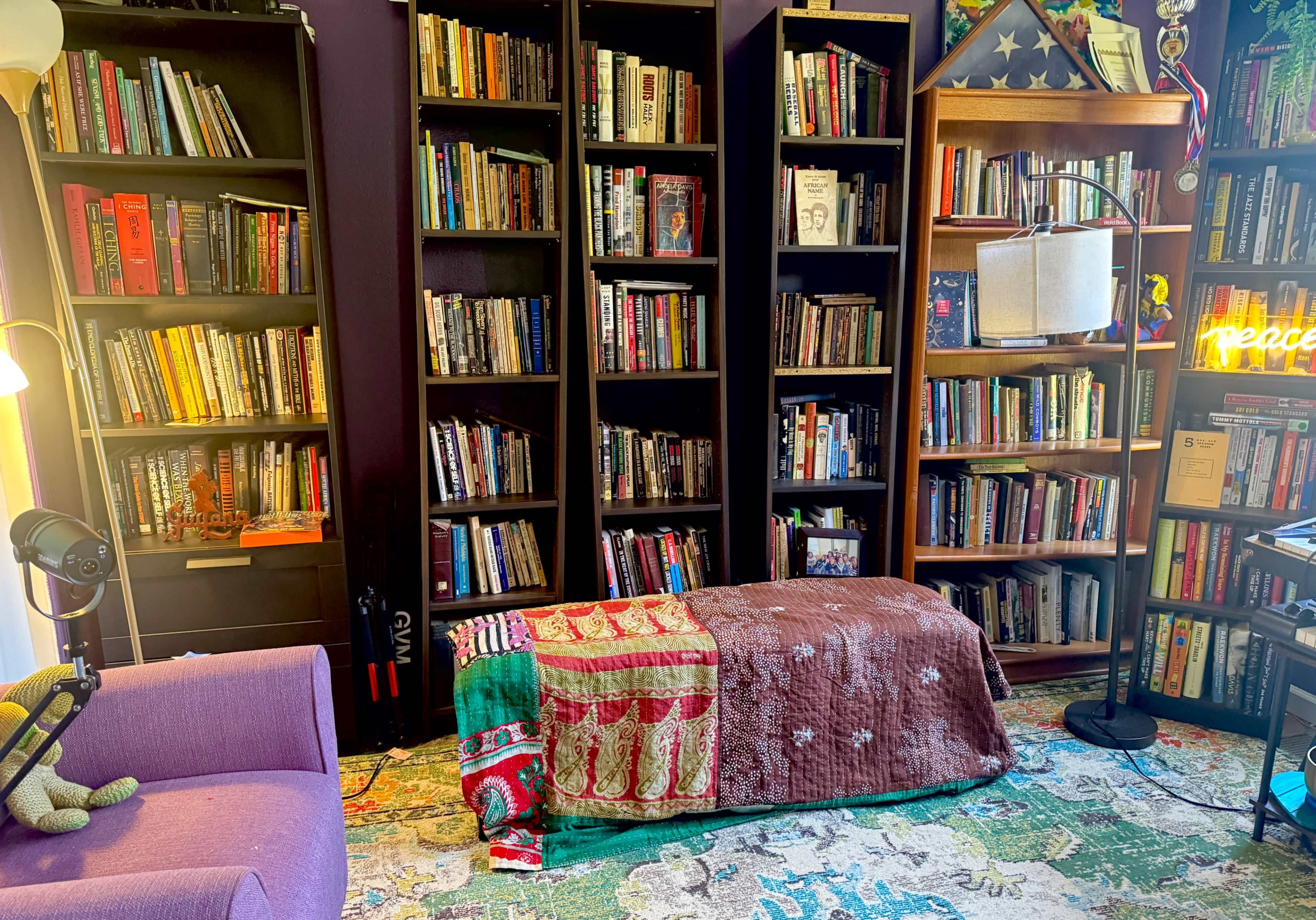 The image shows a cozy reading nook with bookshelves filled with books, a purple sofa, and a colorful blanket draped over a small area.