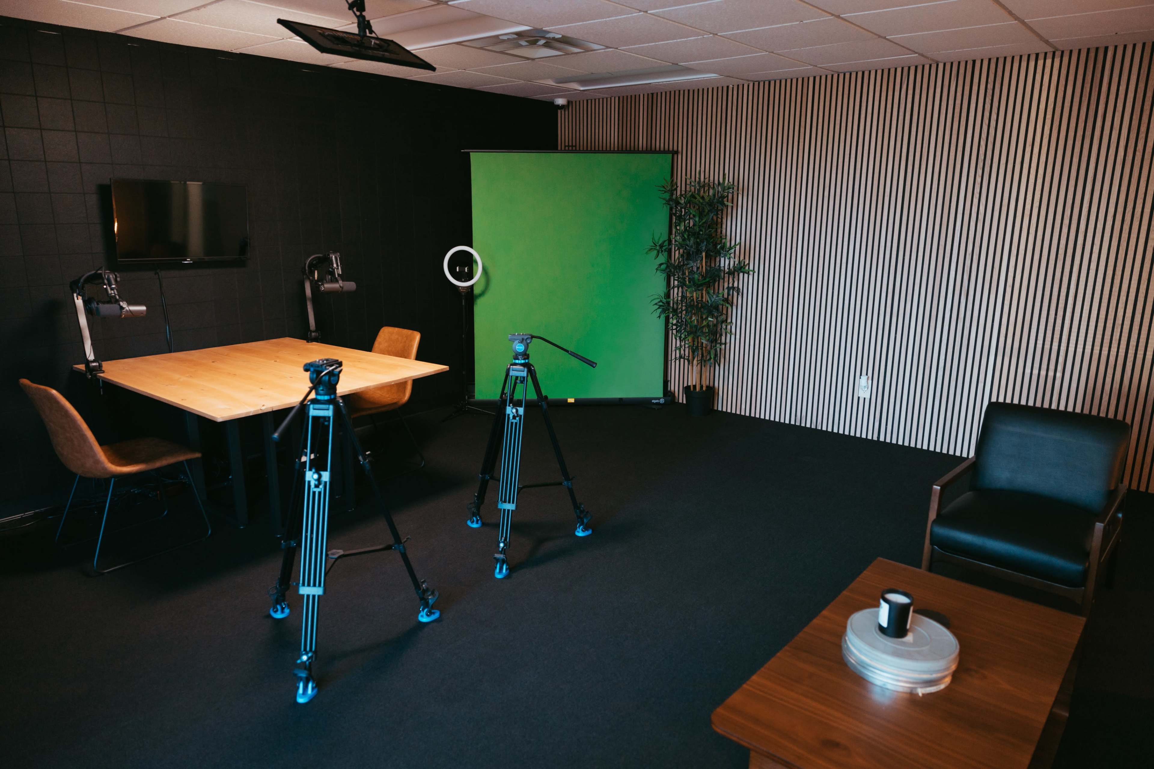 A studio setup with a table and chairs, two tripod-mounted cameras, a green screen, and a potted plant in a room with dark walls and striped wallpaper.