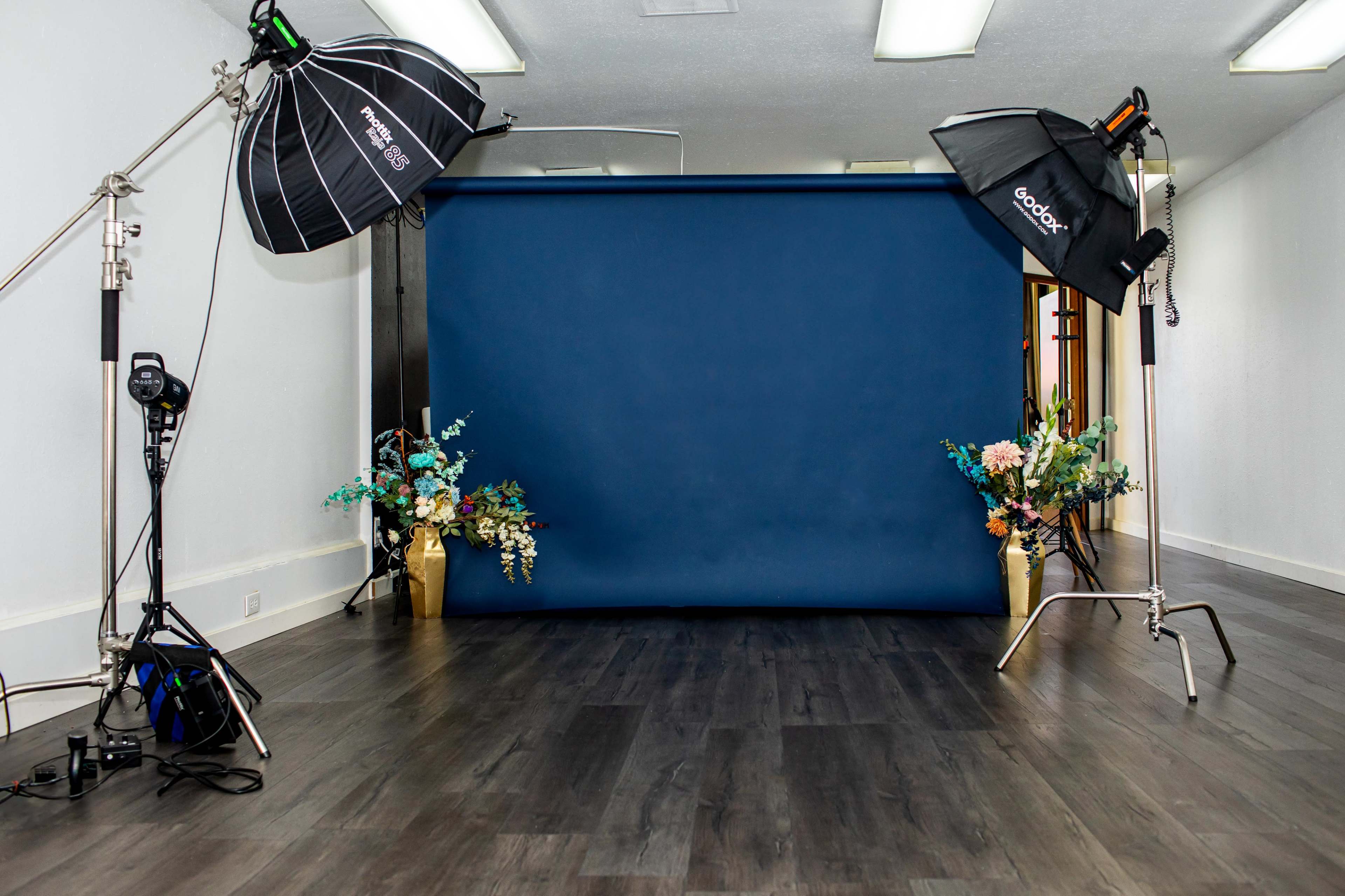 A photography studio features a dark blue backdrop flanked by two light stands and floral arrangements on either side.