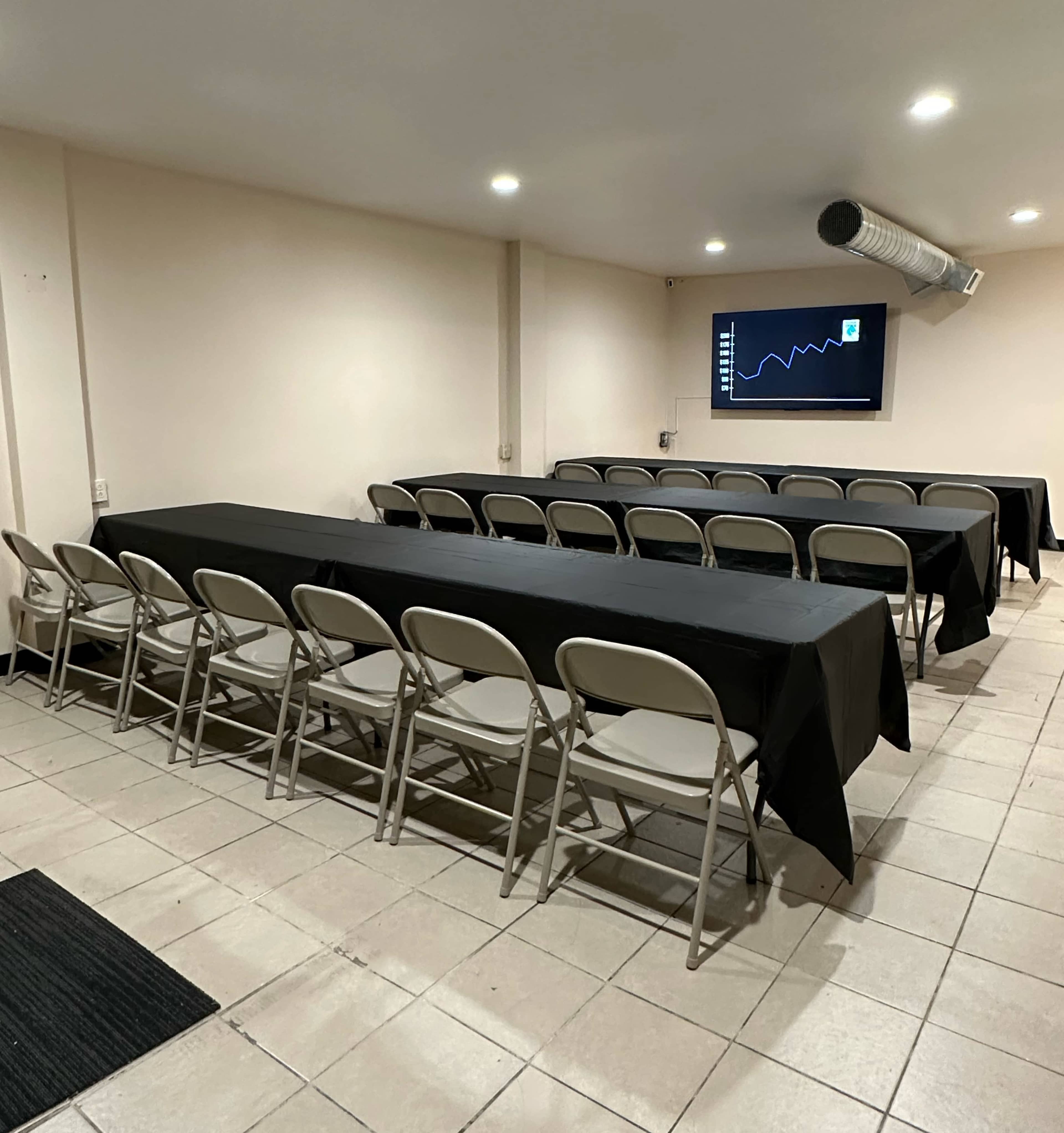 A meeting room features multiple rows of folding chairs and two long black tables, with a wall-mounted screen displaying a graph.