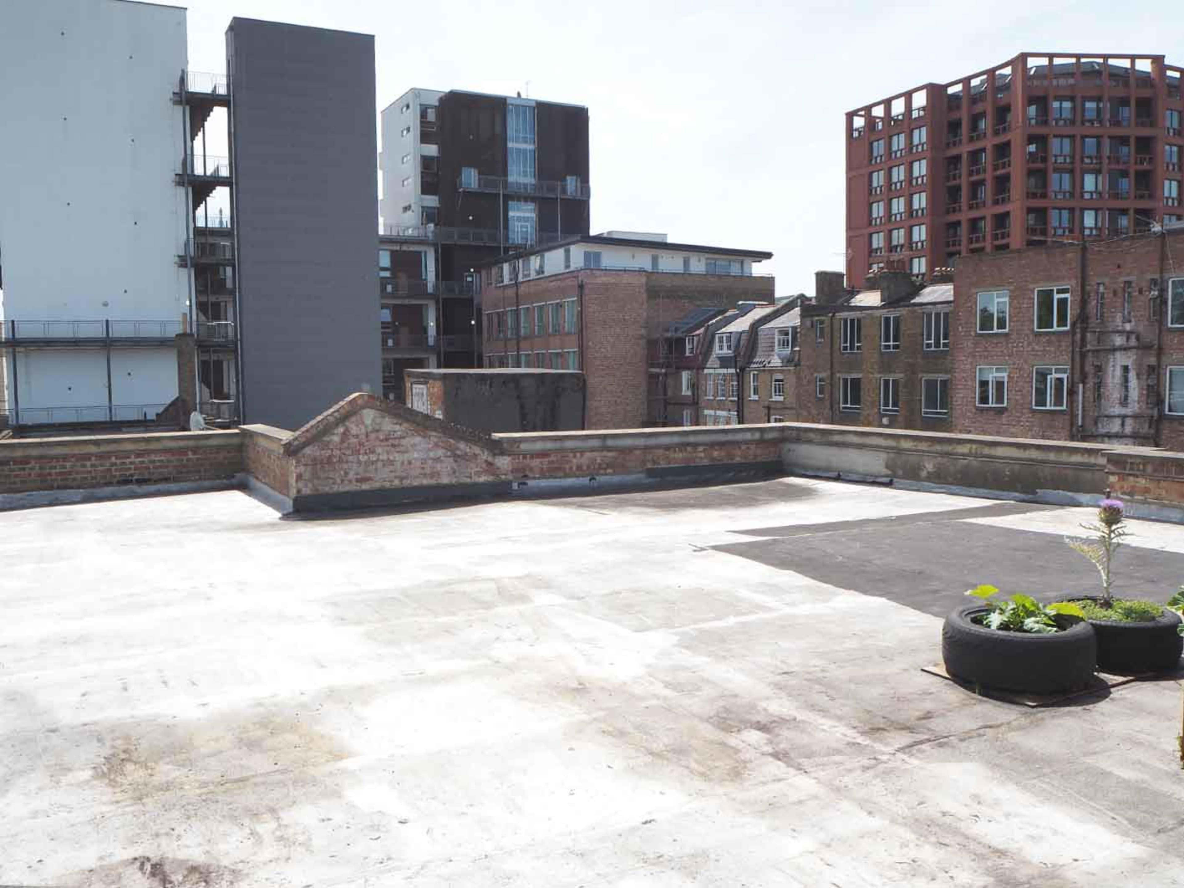 The image shows a flat rooftop with planters and various buildings in the background against a clear sky.