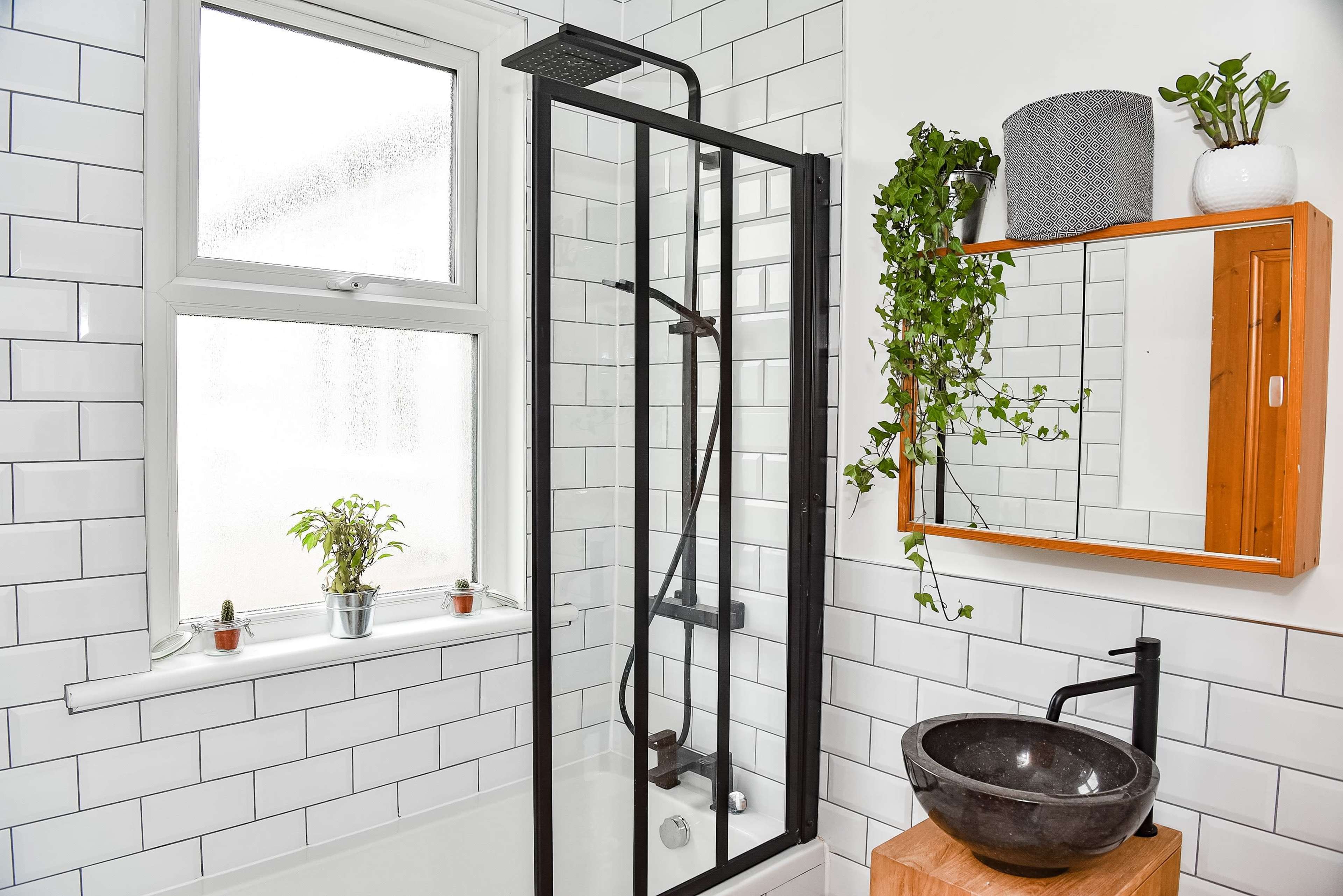 A modern bathroom features a glass shower enclosure, a wall-mounted mirror, a dark stone sink, and green plants placed on a windowsill and shelf.