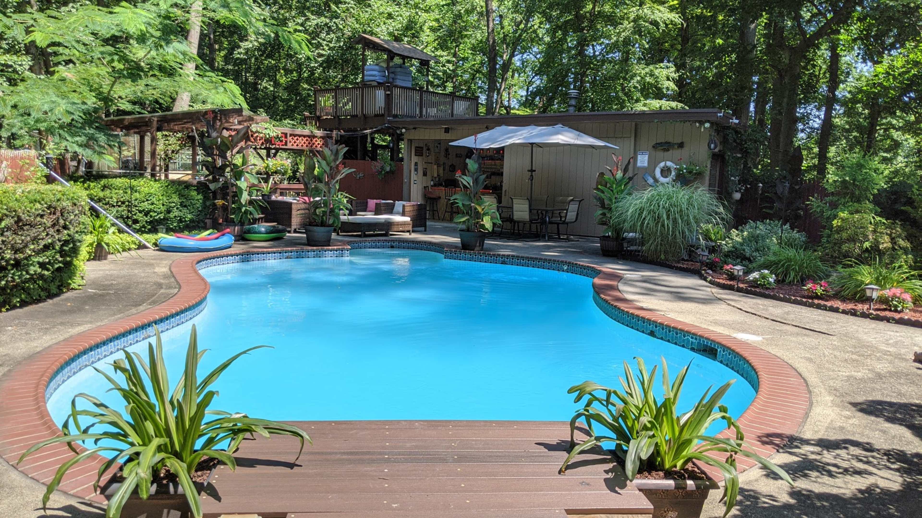 A backyard with a blue swimming pool surrounded by lush greenery, flower beds, and patio furniture.