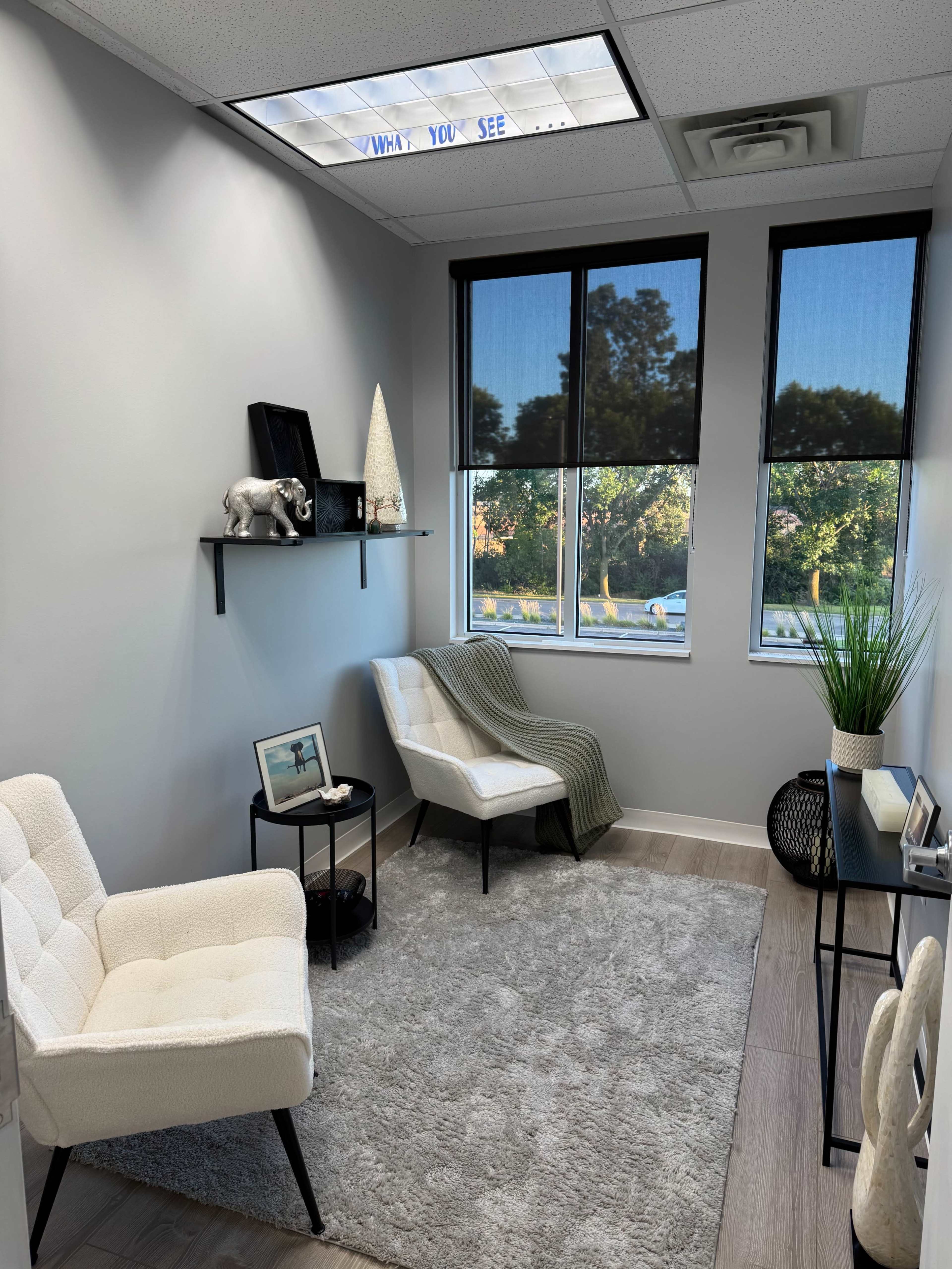 The image shows a small, organized office space with two chairs, a side table, and a window displaying greenery outside.