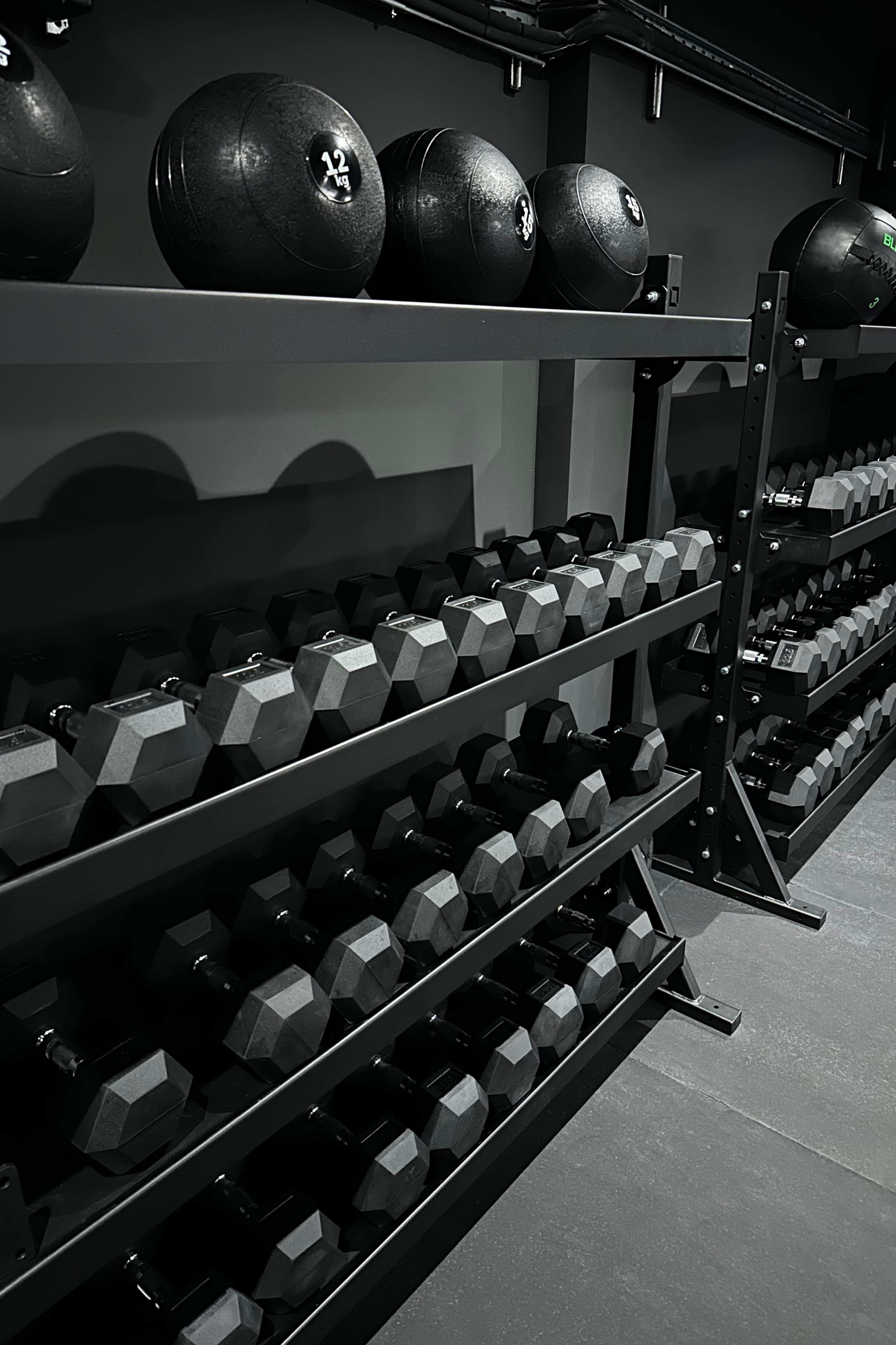 The image shows a gym space with neatly arranged black dumbbells on shelves and exercise balls on top.