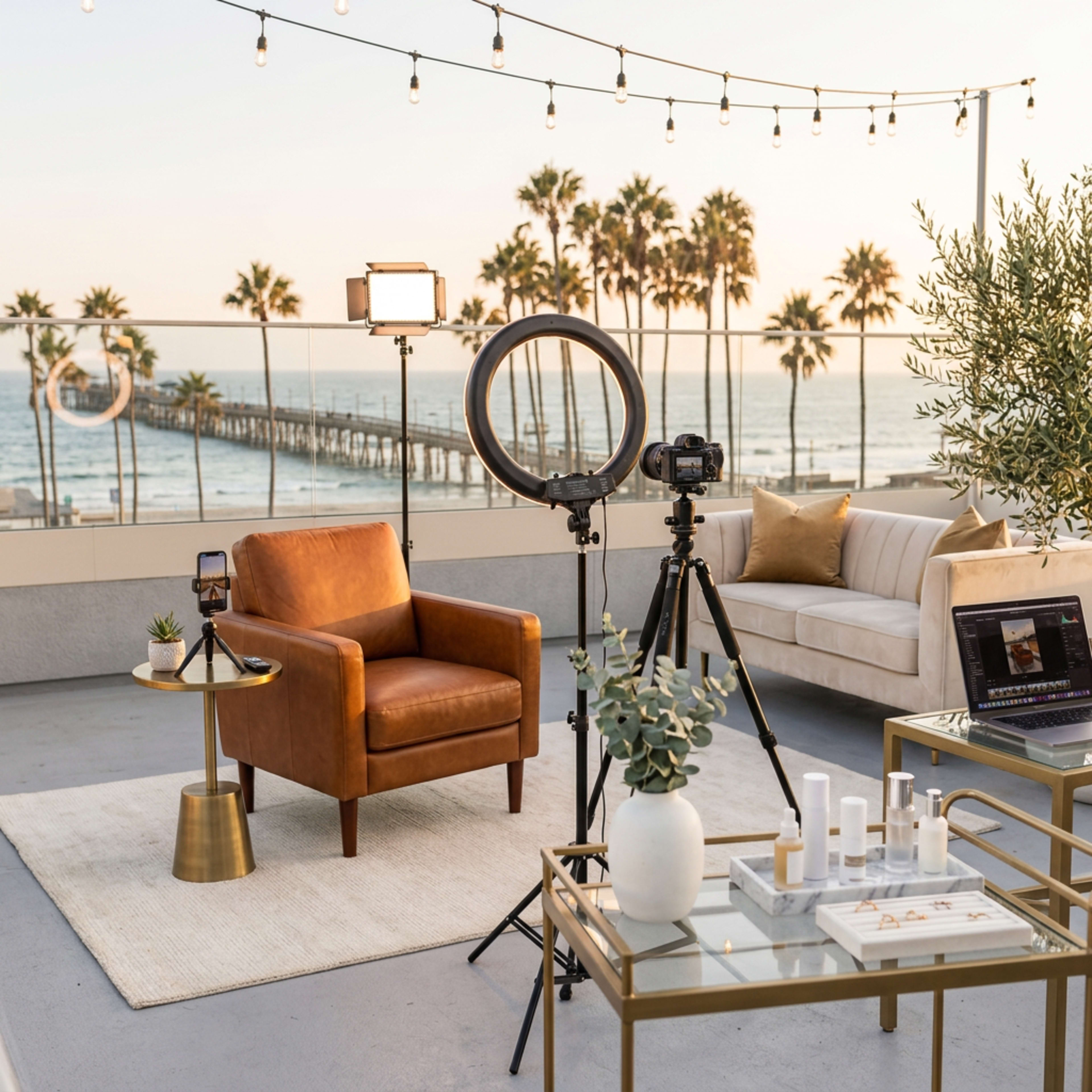 The scene features a rooftop setup with a brown leather chair, a nearby table with skincare products, a camera on a tripod, and decorative lights strung above, all against a backdrop of the ocean and palm trees at sunset.