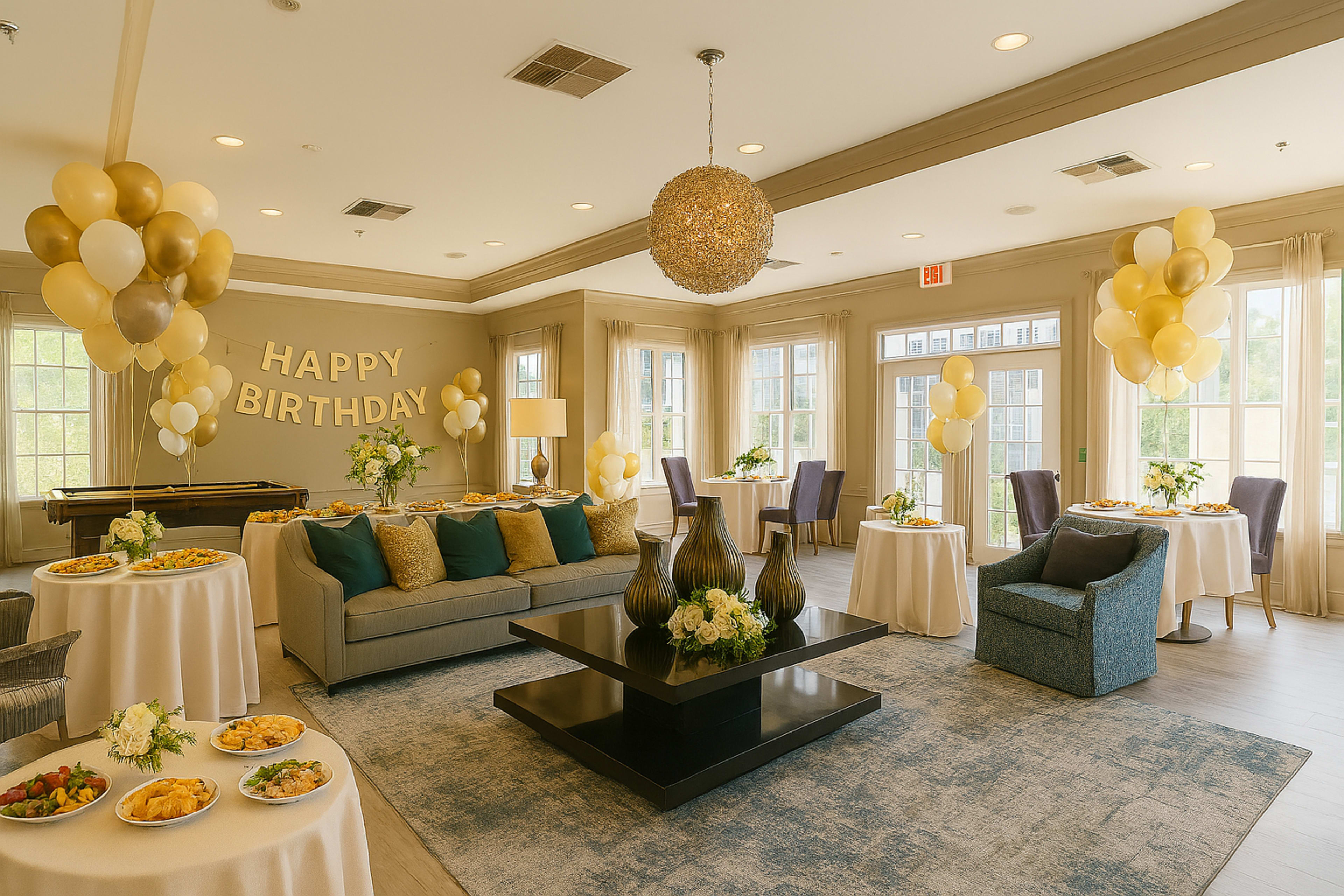 The image shows a well-decorated indoor space for a birthday celebration, featuring tables with food, balloons, and a 'Happy Birthday' banner on the wall.