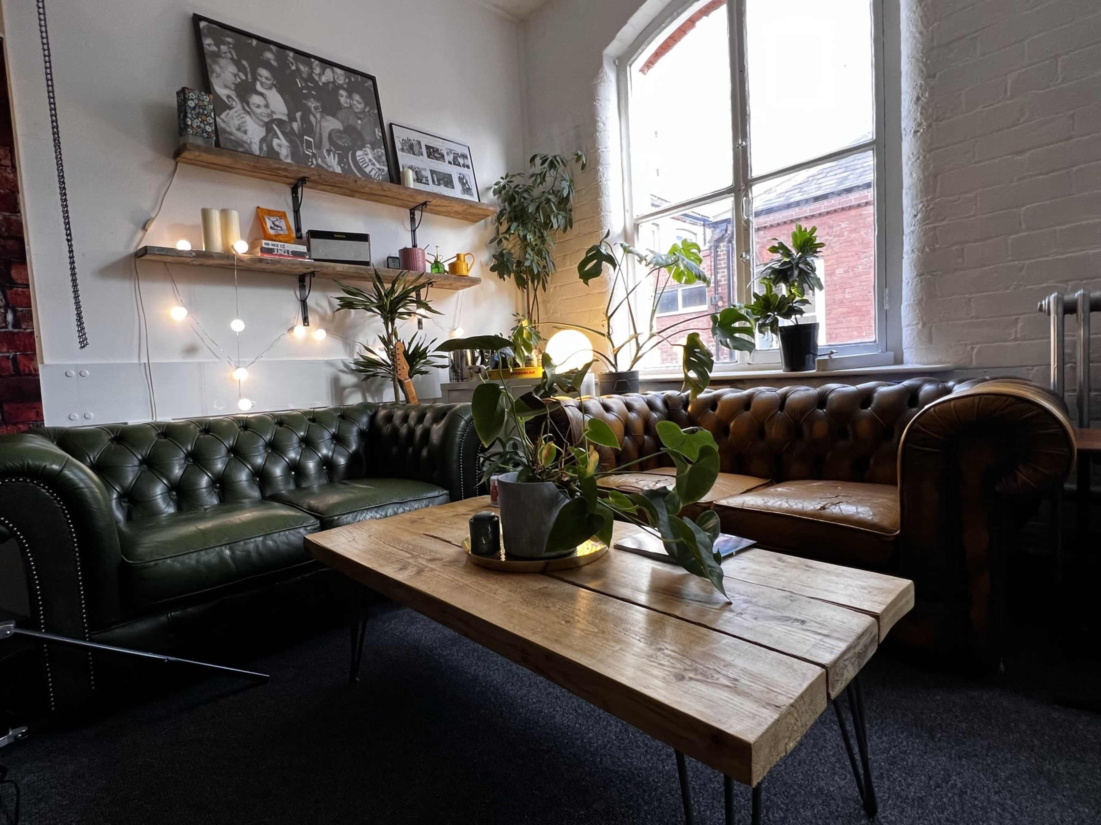 The scene features a cozy seating area with a green leather couch and a brown leather couch, accompanied by a wooden coffee table and various potted plants, all illuminated by natural light from a large window.