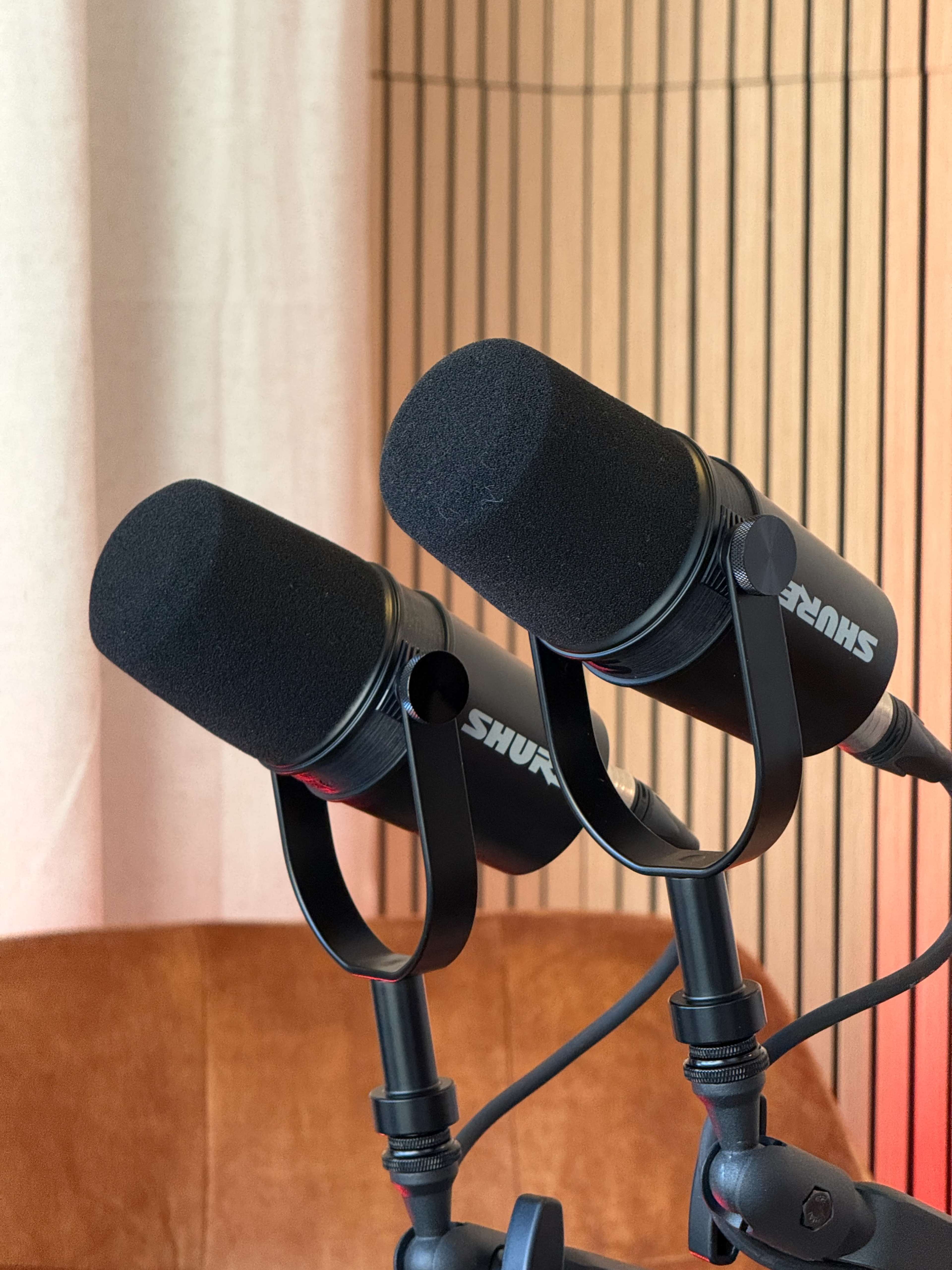 Two Shure microphones with black foam covers are mounted on adjustable stands against a wooden panel backdrop.