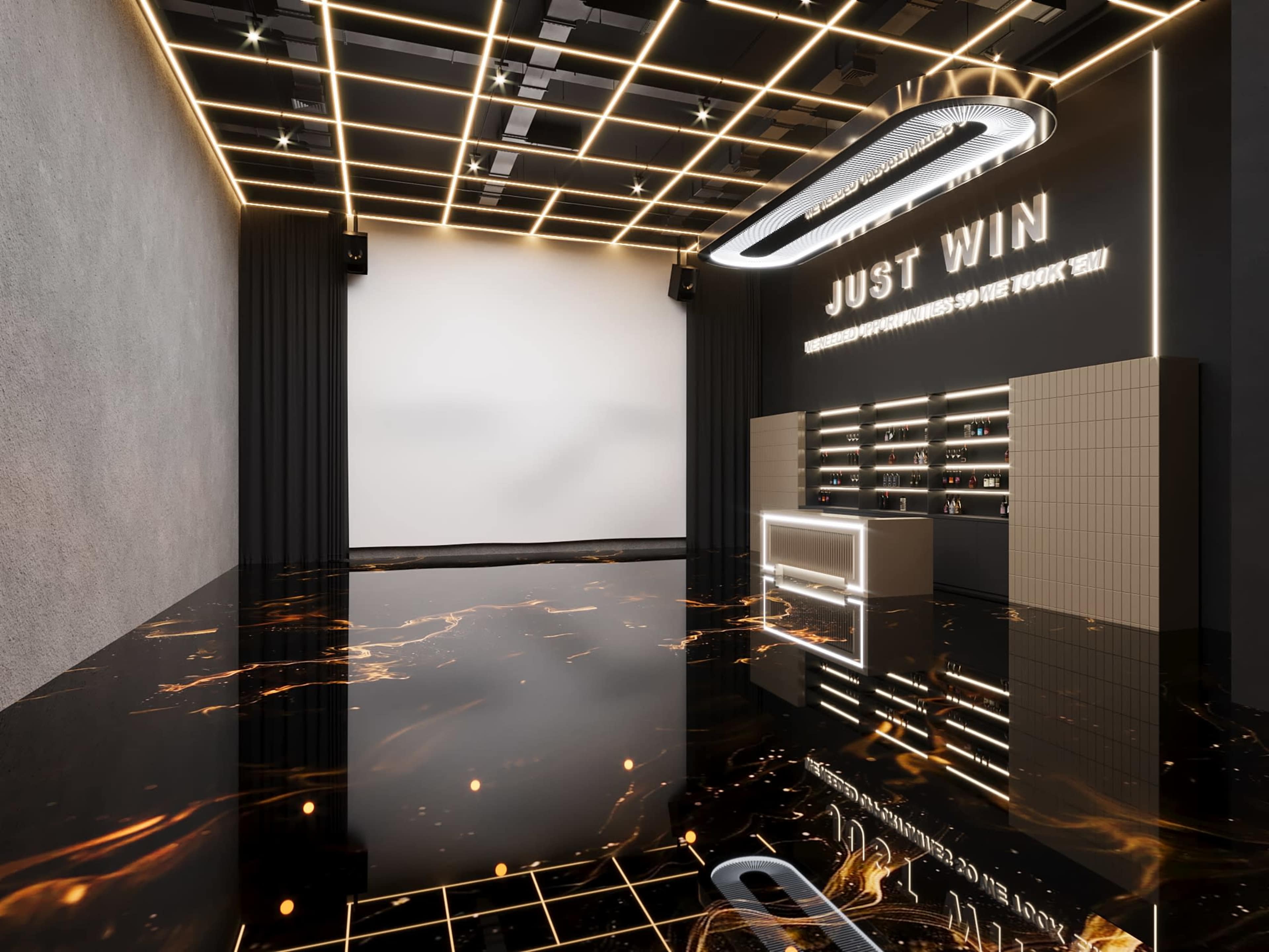 The image shows a modern, minimalist room with a glossy black floor, illuminated ceiling features, and a display shelf against a textured wall.