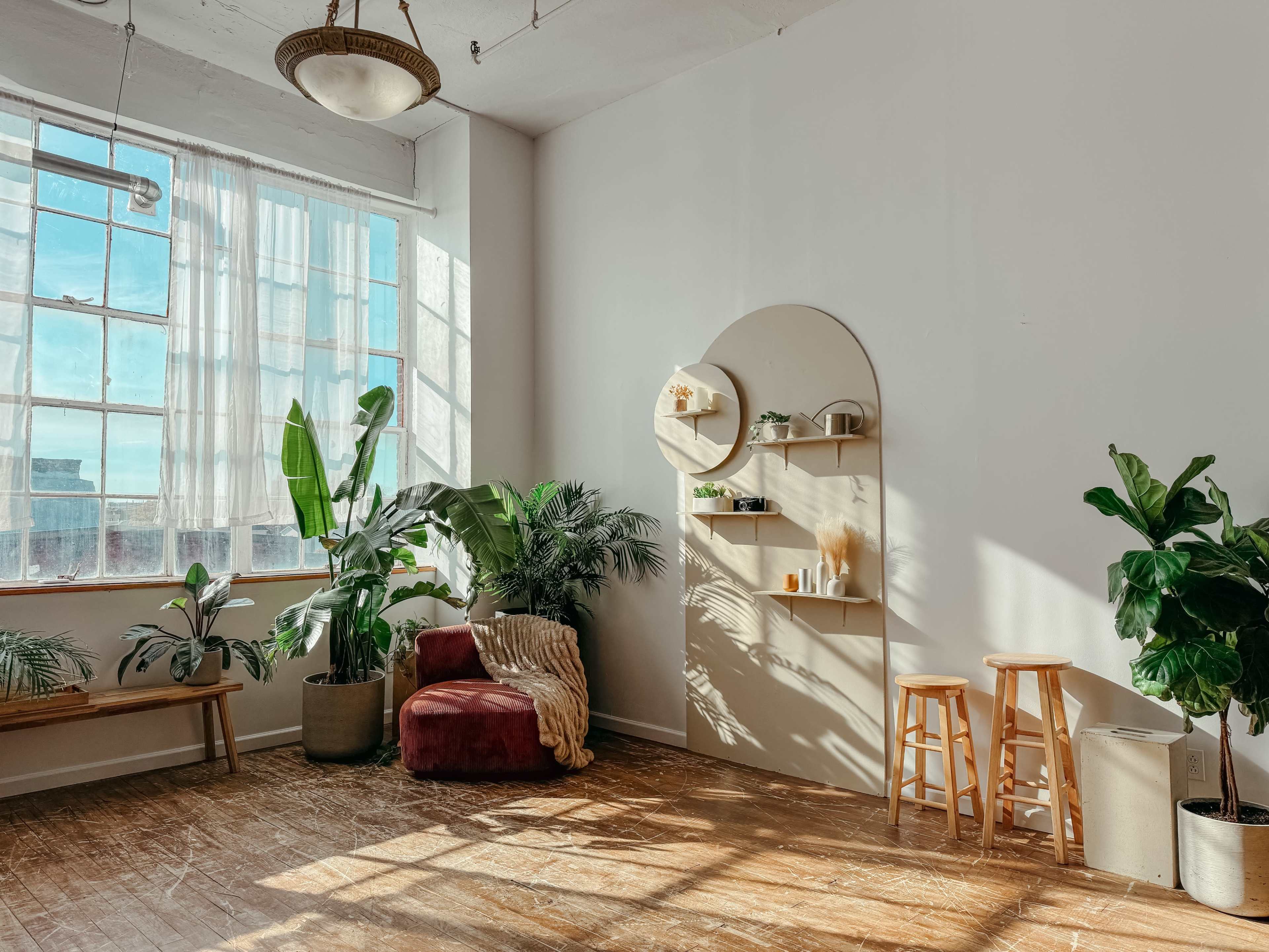 The scene features a bright, spacious room with large windows, a cozy seating area, and plants alongside minimalist shelving.