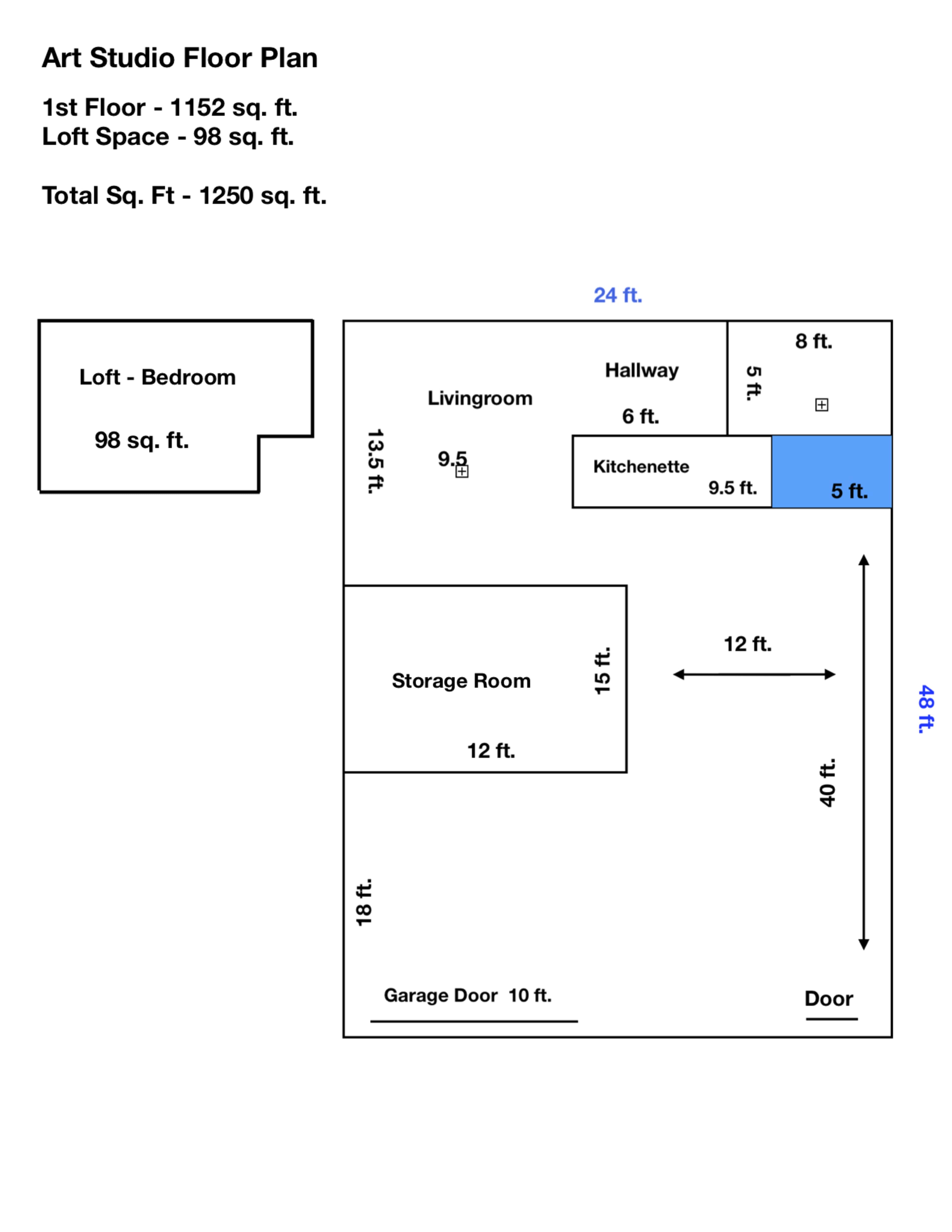 A detailed floor plan of an art studio, including labeled areas such as a loft-bedroom, living room, kitchenette, hallway, storage room, and a garage door.