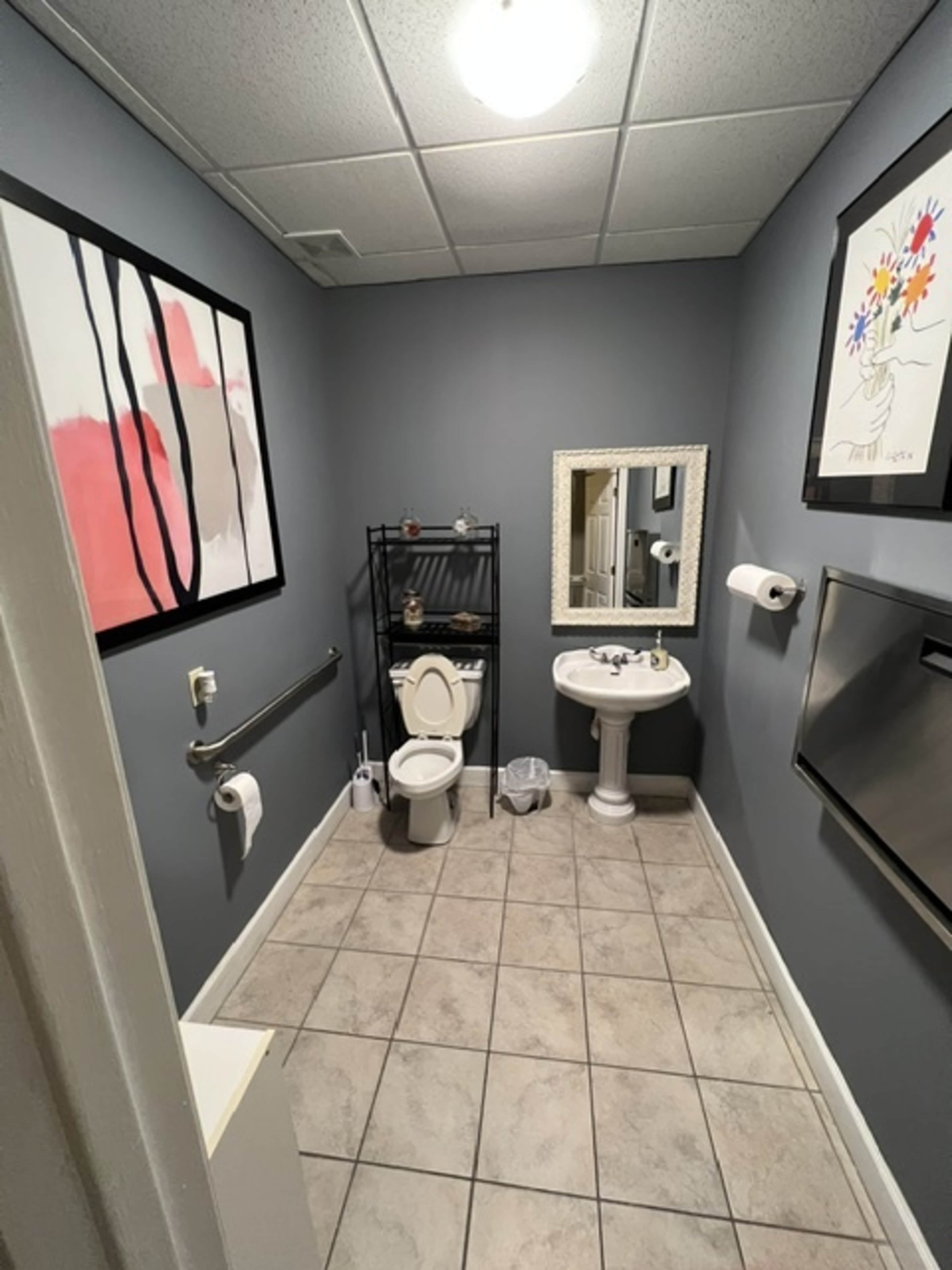 The image shows a bathroom with gray walls, a toilet, a sink, and decorative elements including wall art and a towel rack.