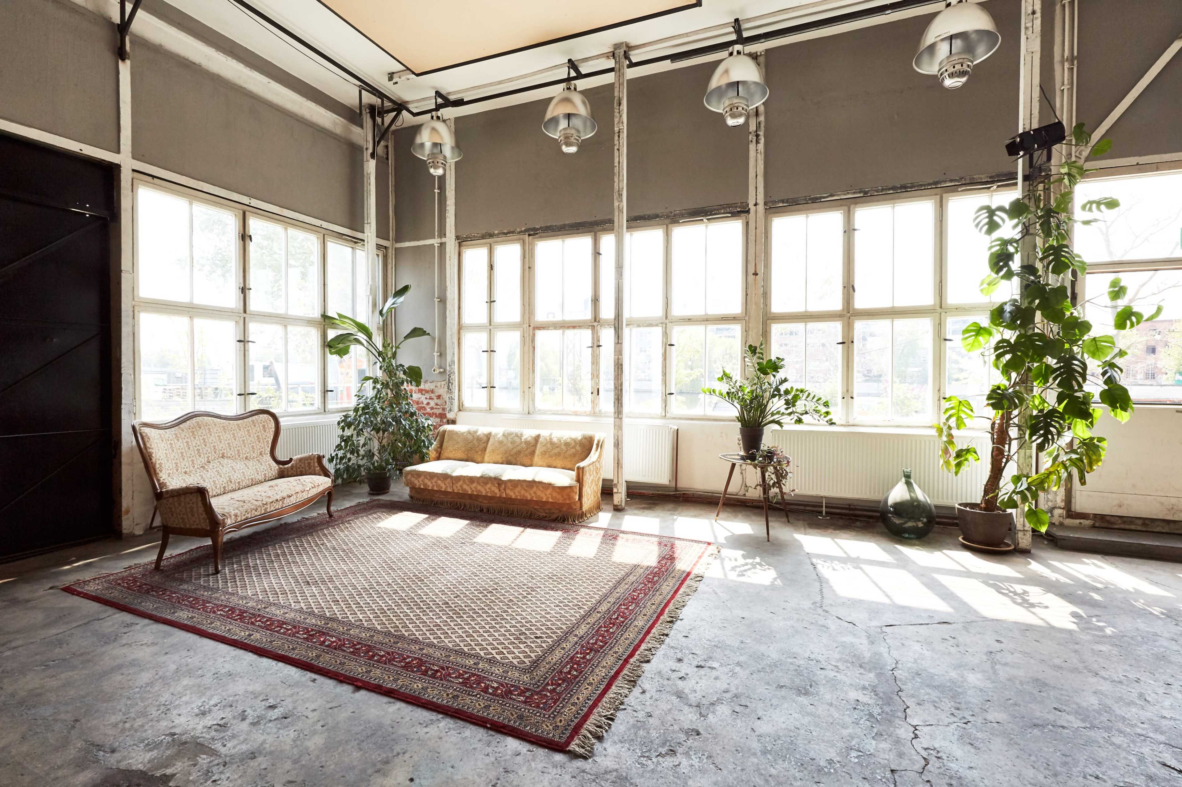 A spacious room with large windows, a vintage sofa and chair, and several potted plants on a concrete floor.
