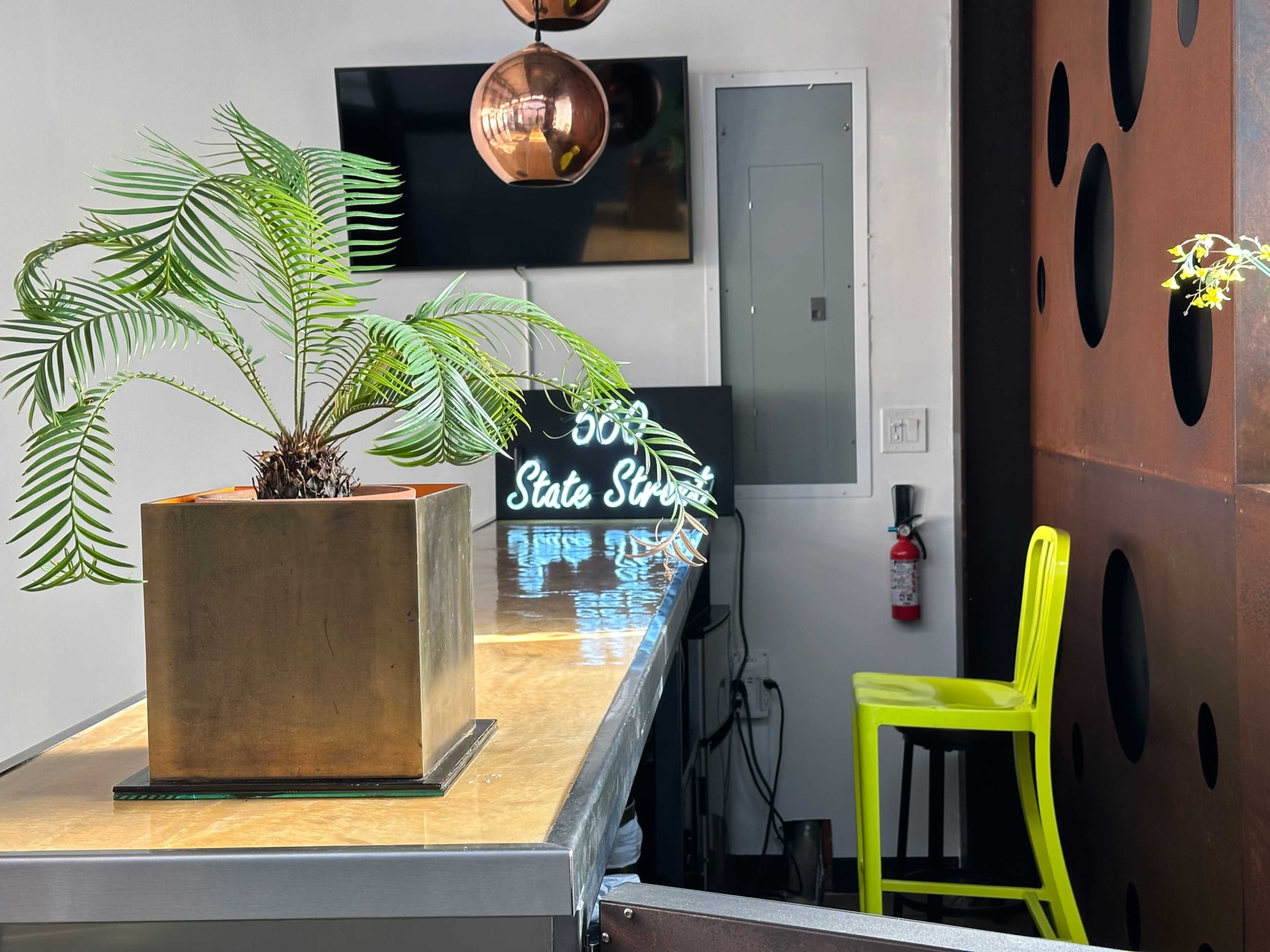 The image shows a small interior space featuring a metal countertop, a potted plant, a neon sign, and a green chair against a backdrop of dark, patterned walls.