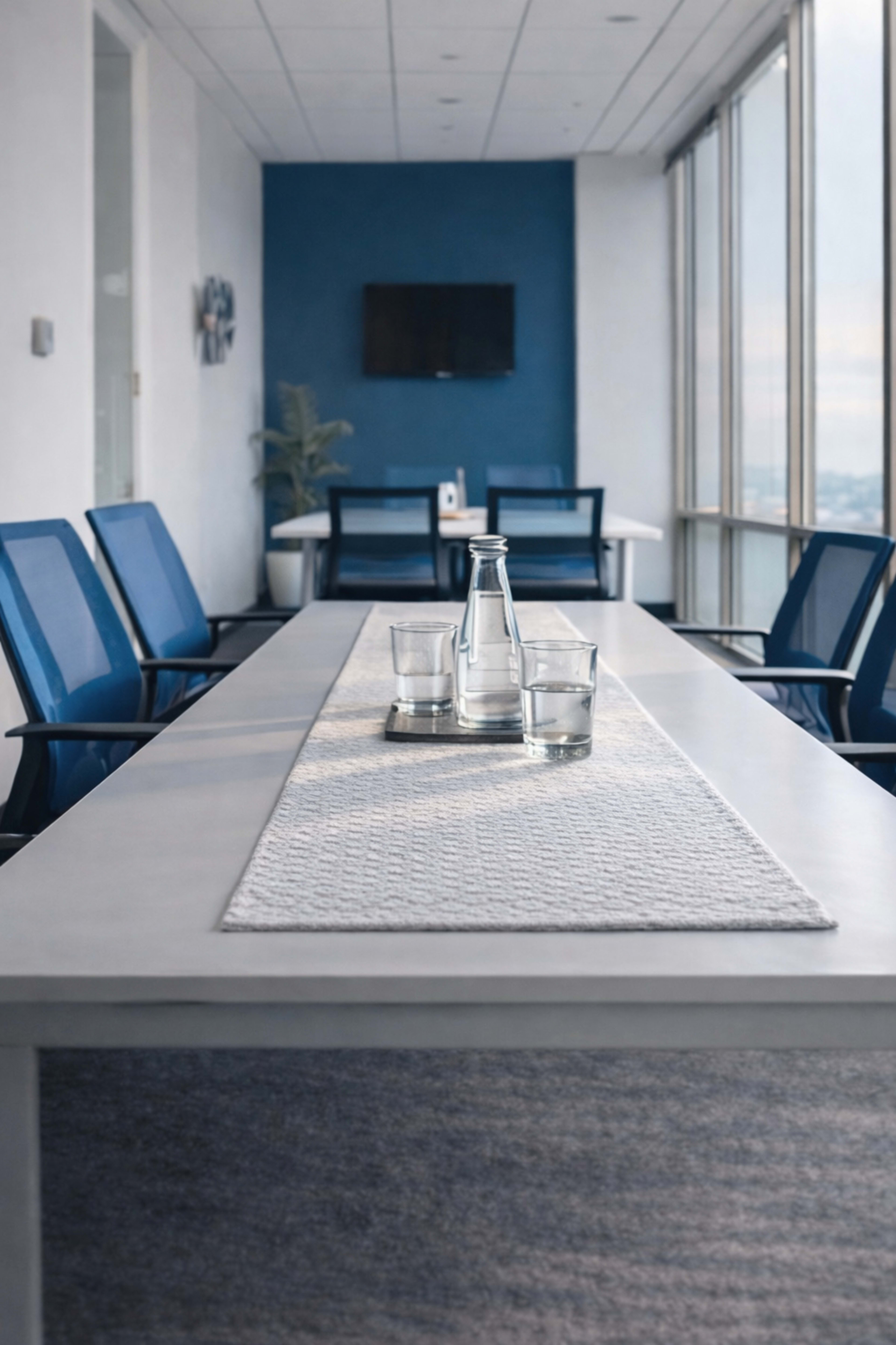 A long conference table with a gray runner set up in a modern office, featuring blue chairs and large windows overlooking a cityscape.