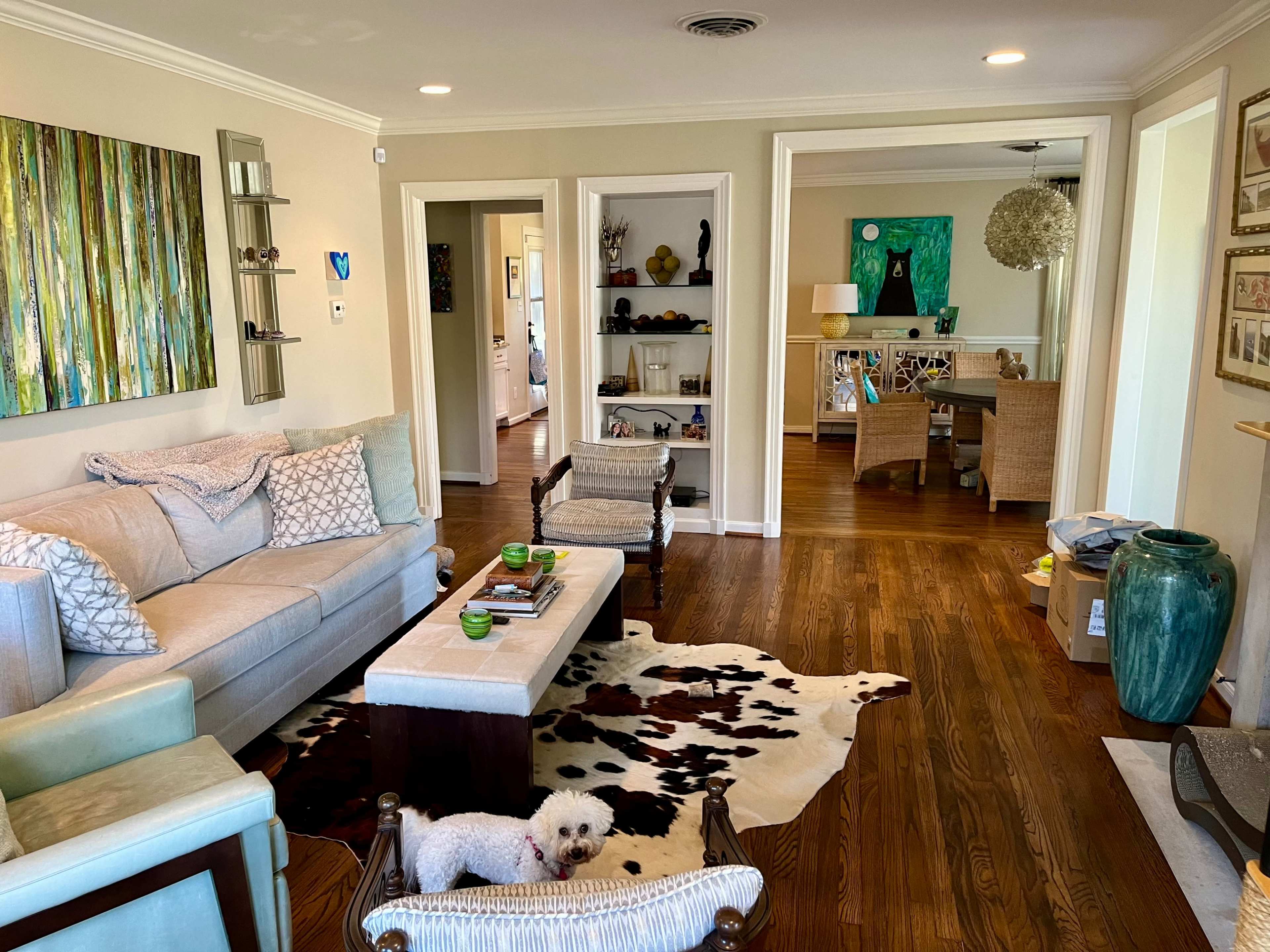 A living room with a neutral-colored sofa, a coffee table on a cowhide rug, and a white dog lying on the floor.