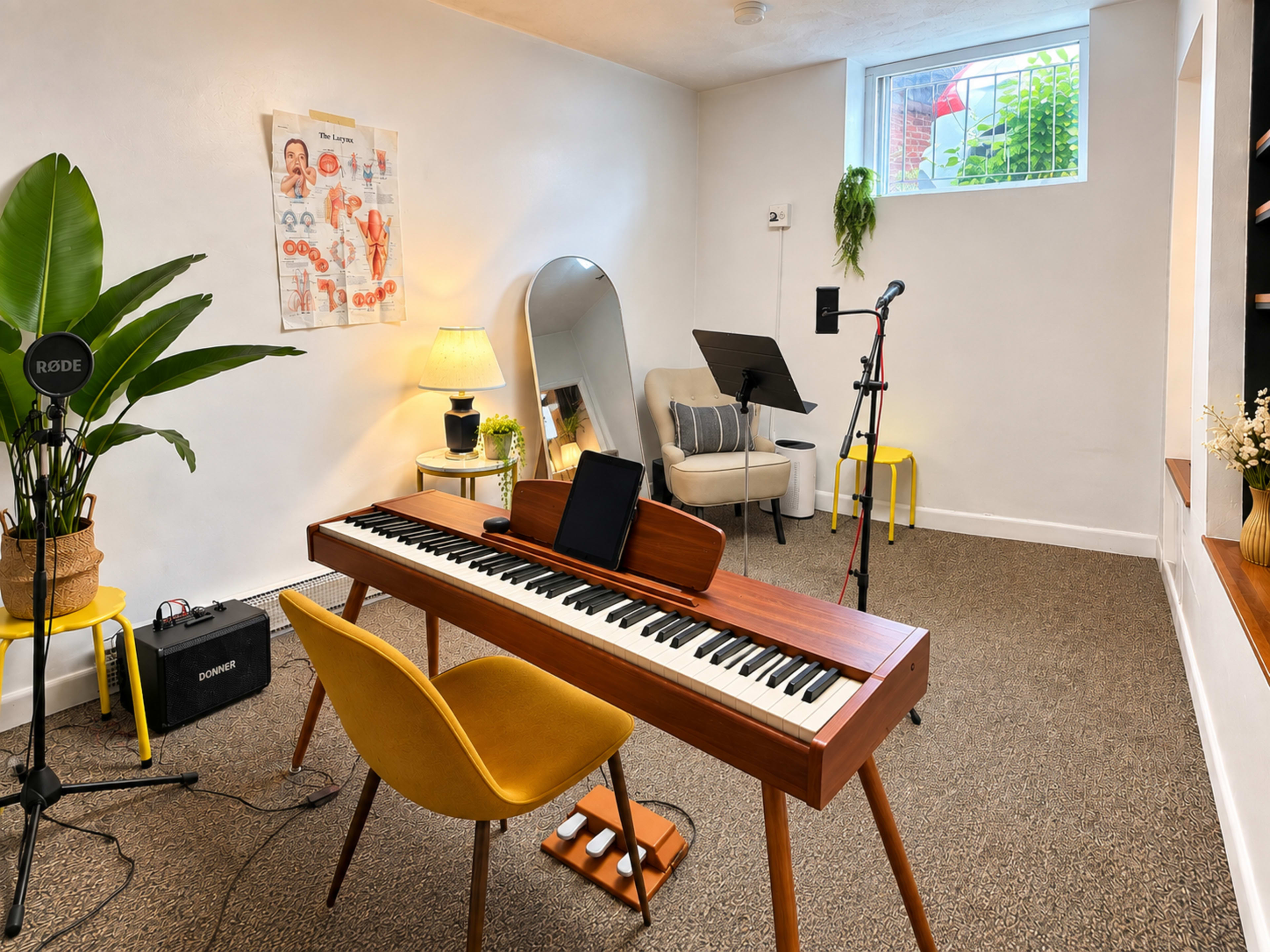 The image shows a small music practice room featuring a digital piano, a microphone on a stand, a comfortable chair, a large mirror, and plants, with a window providing natural light.