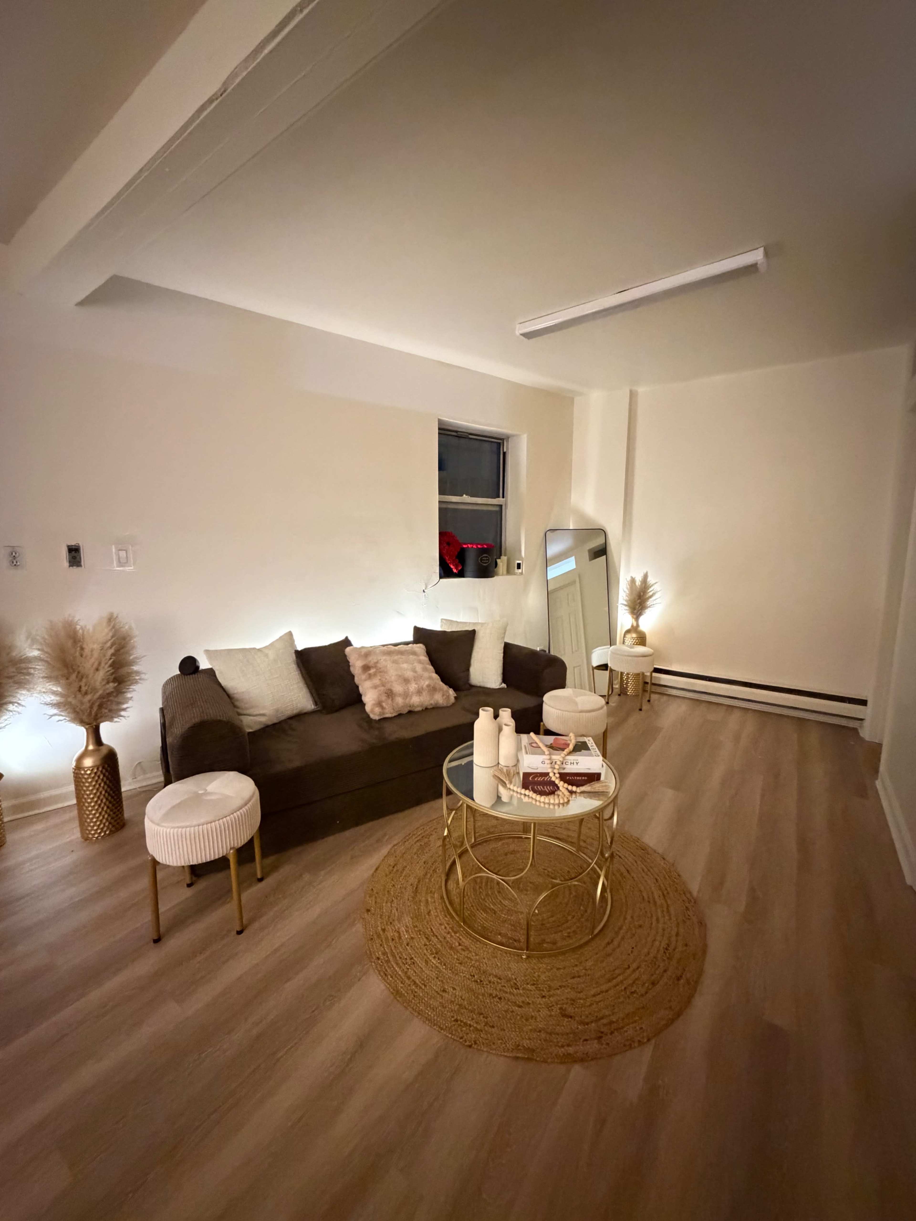 The image shows a cozy living room with a brown sofa, two small tables, a round area rug, and decorative plants.