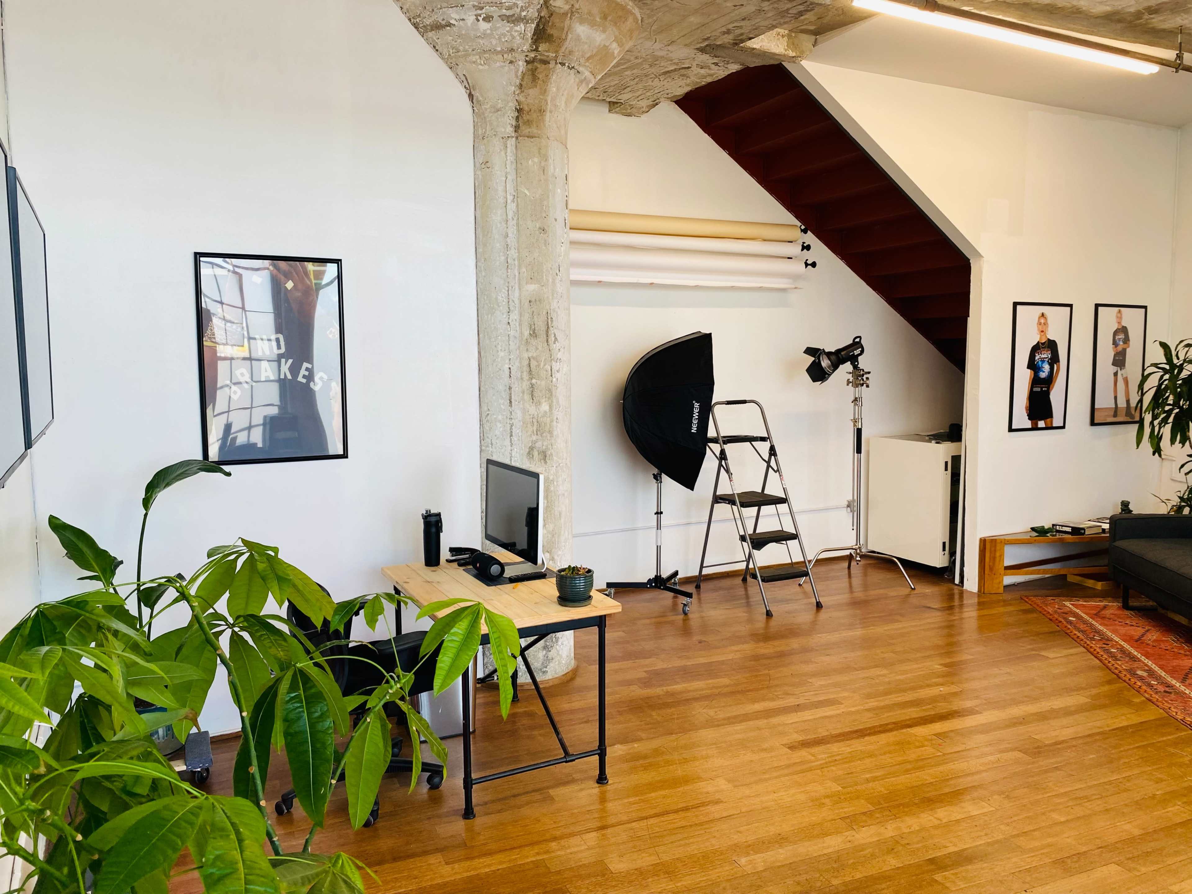 A modern studio space features a wooden floor, a decorative plant, a desk with a computer, a ladder, and photography equipment against a backdrop of minimalist decor.