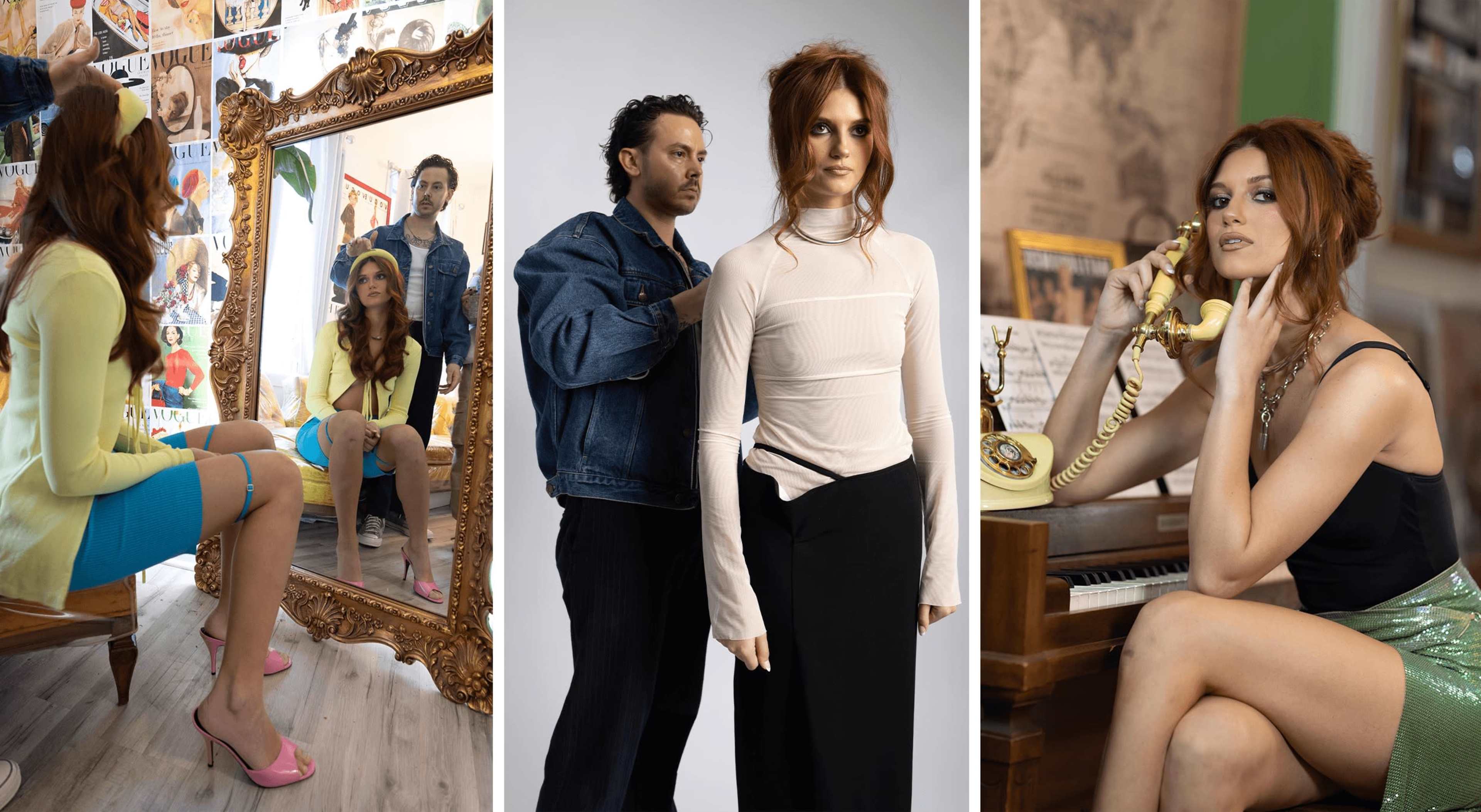 Three distinct scenes: one with a woman in a mirror's reflection, another with a man adjusting her outfit in a studio setting, and a third of a woman posing at a vintage piano with a telephone.