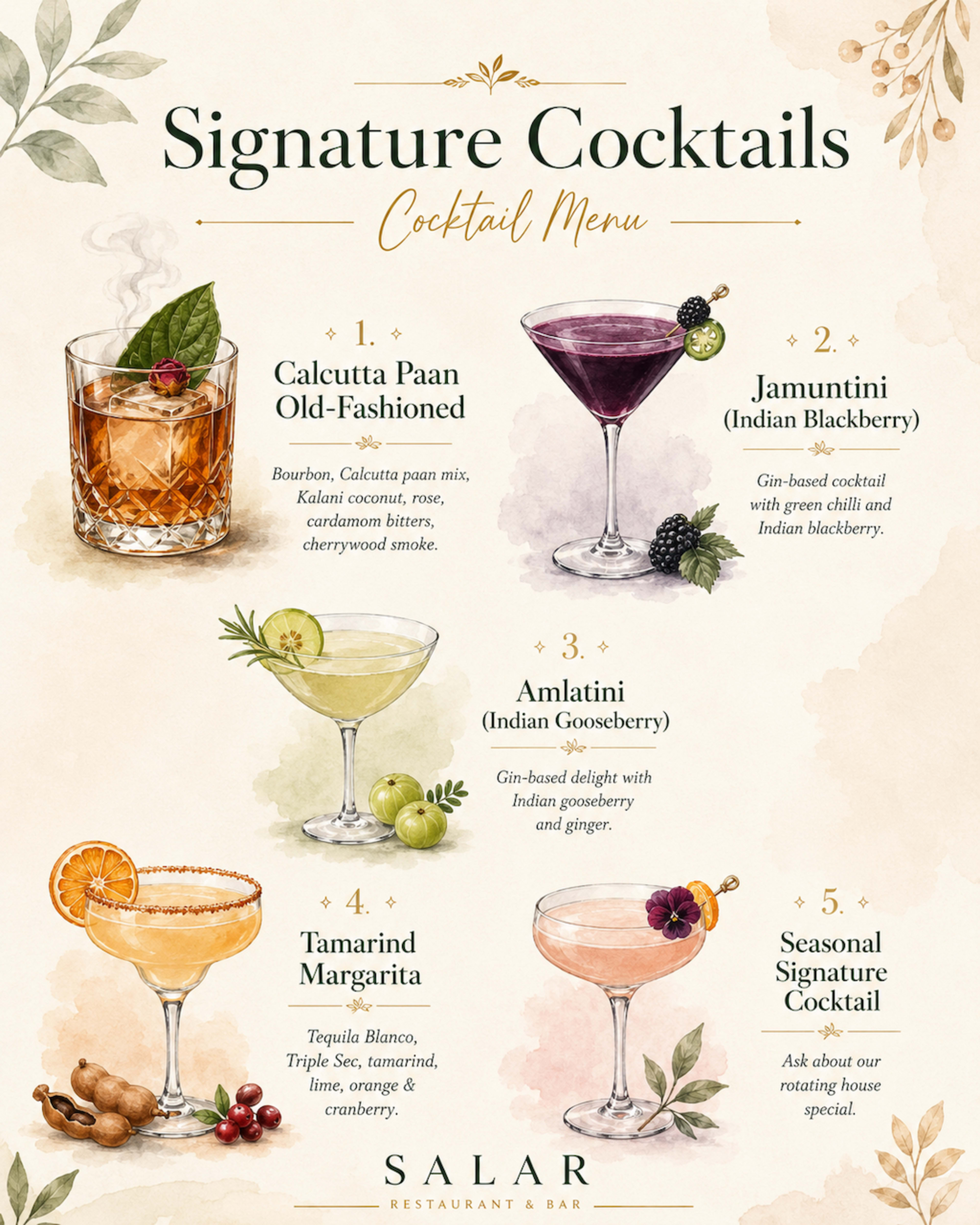 The image displays a cocktail menu featuring five signature drinks with their names and descriptions, including Calcutta Paan Old-Fashioned, Jamuntini, Amlatini, Tamarind Margarita, and a seasonal signature cocktail.