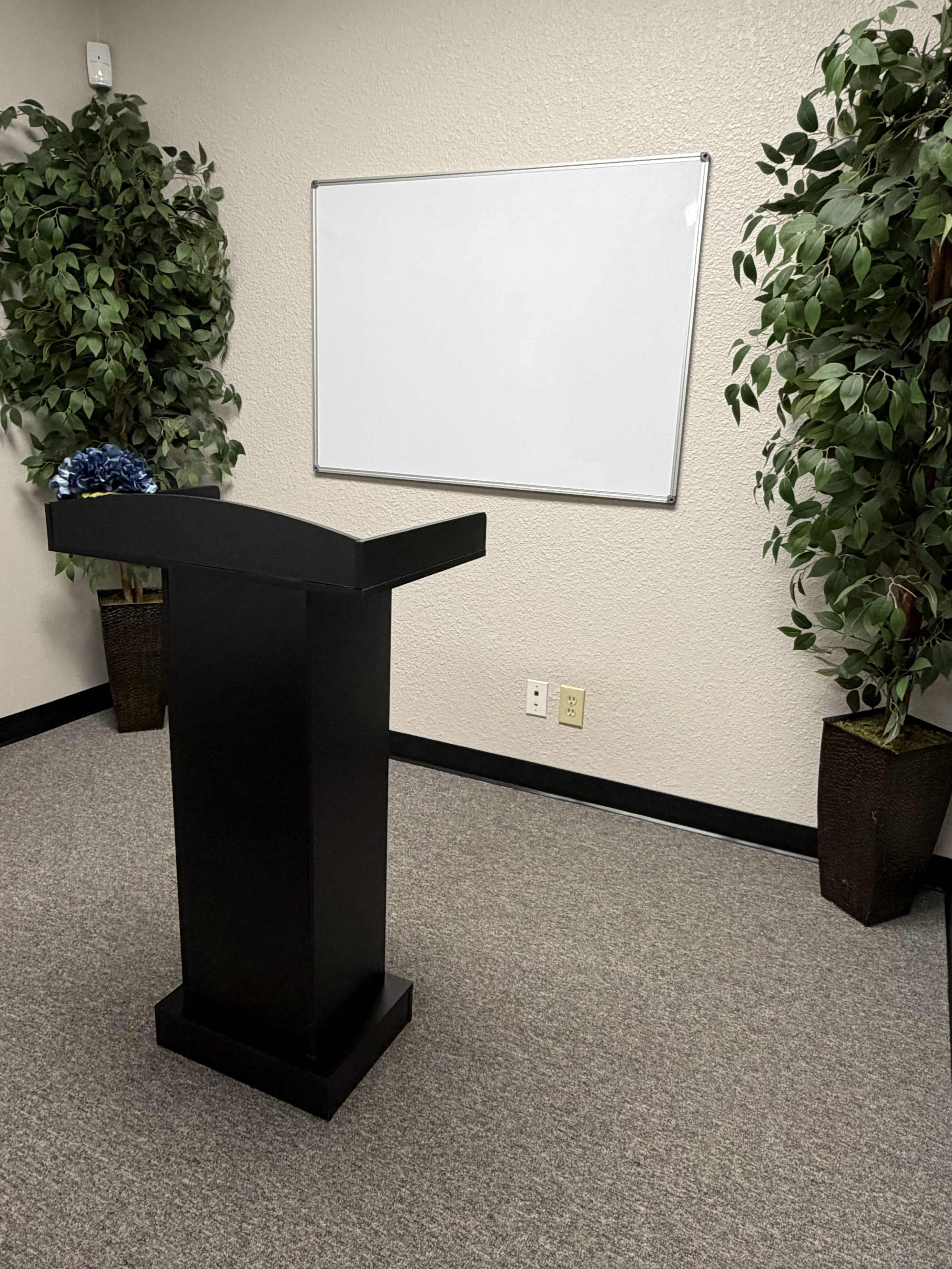 The image shows a black podium in an empty room with two decorative plants and a whiteboard on the wall.