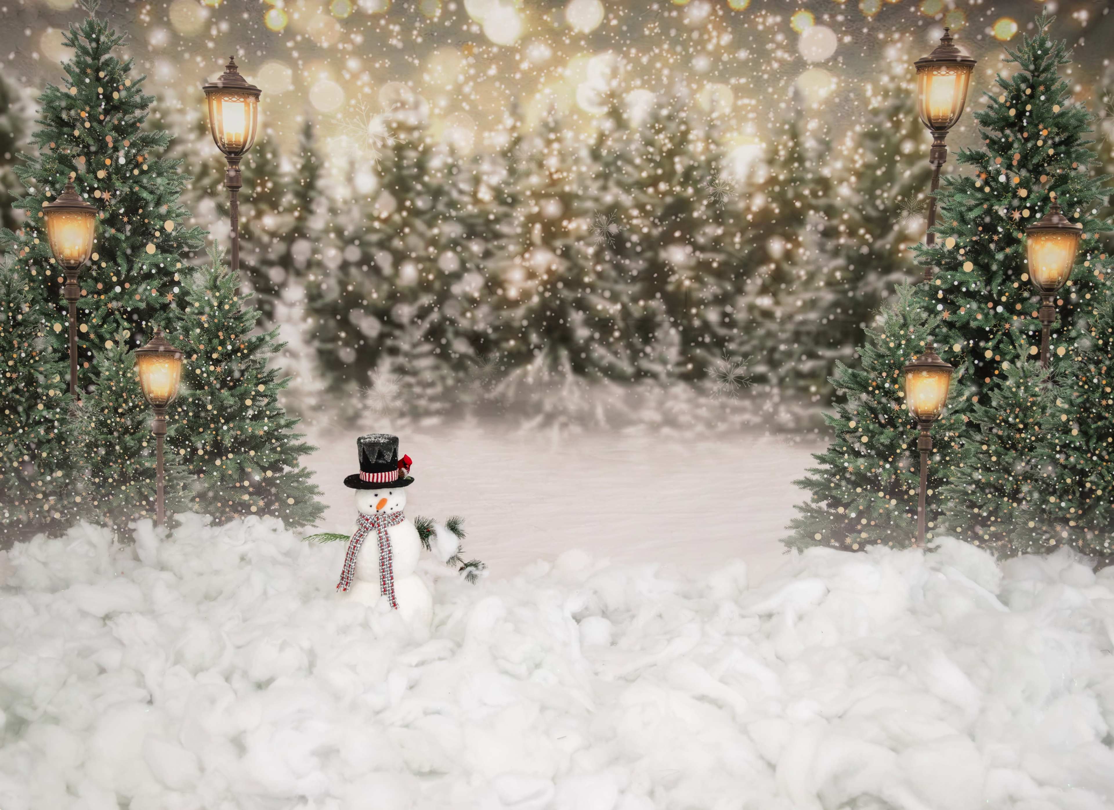 A snowman wearing a black top hat and scarf stands in a snowy landscape surrounded by snow-covered trees and streetlamps.