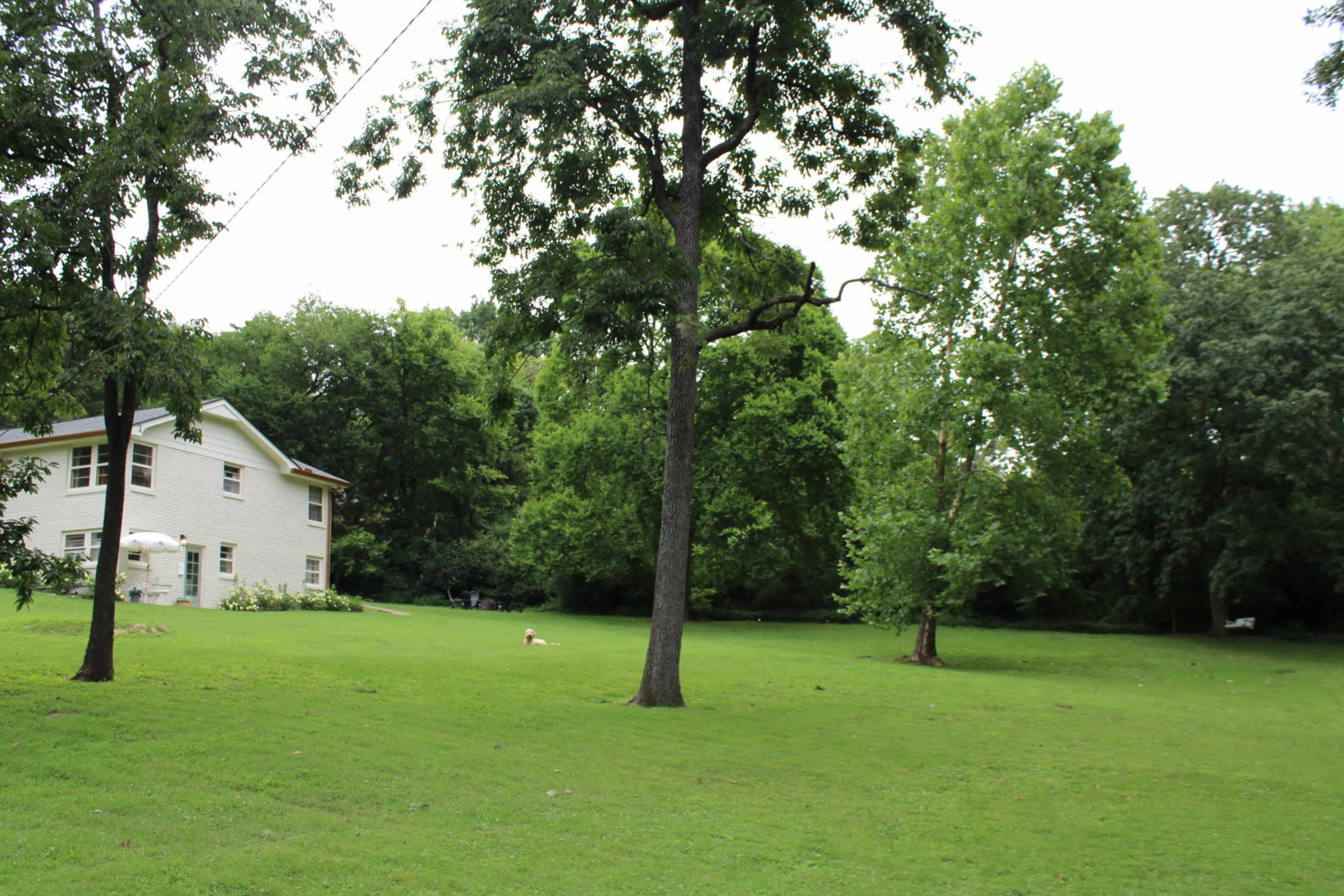 A two-story white house is situated in a grassy yard surrounded by trees in a lush green area.