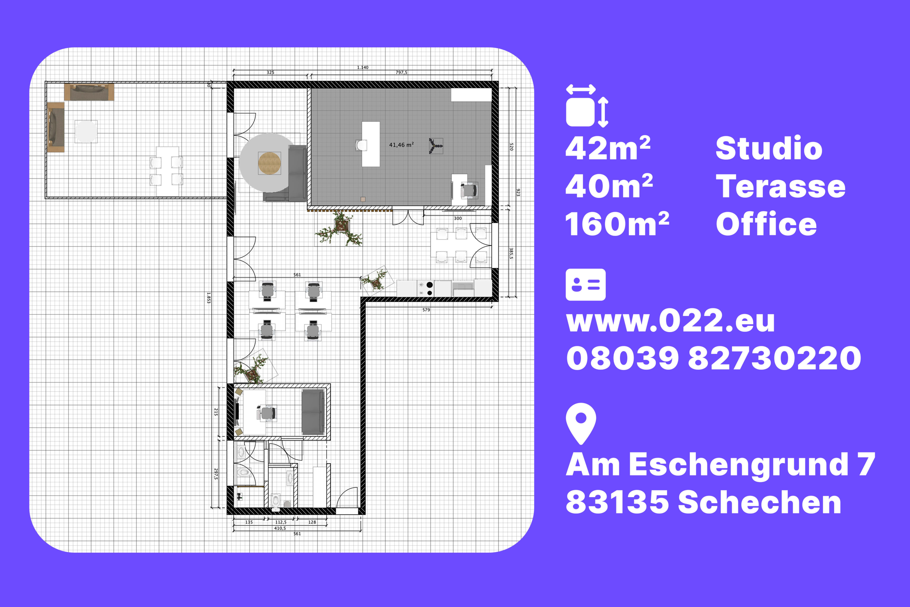 A floor plan of a studio and office space, including measurements and contact information.