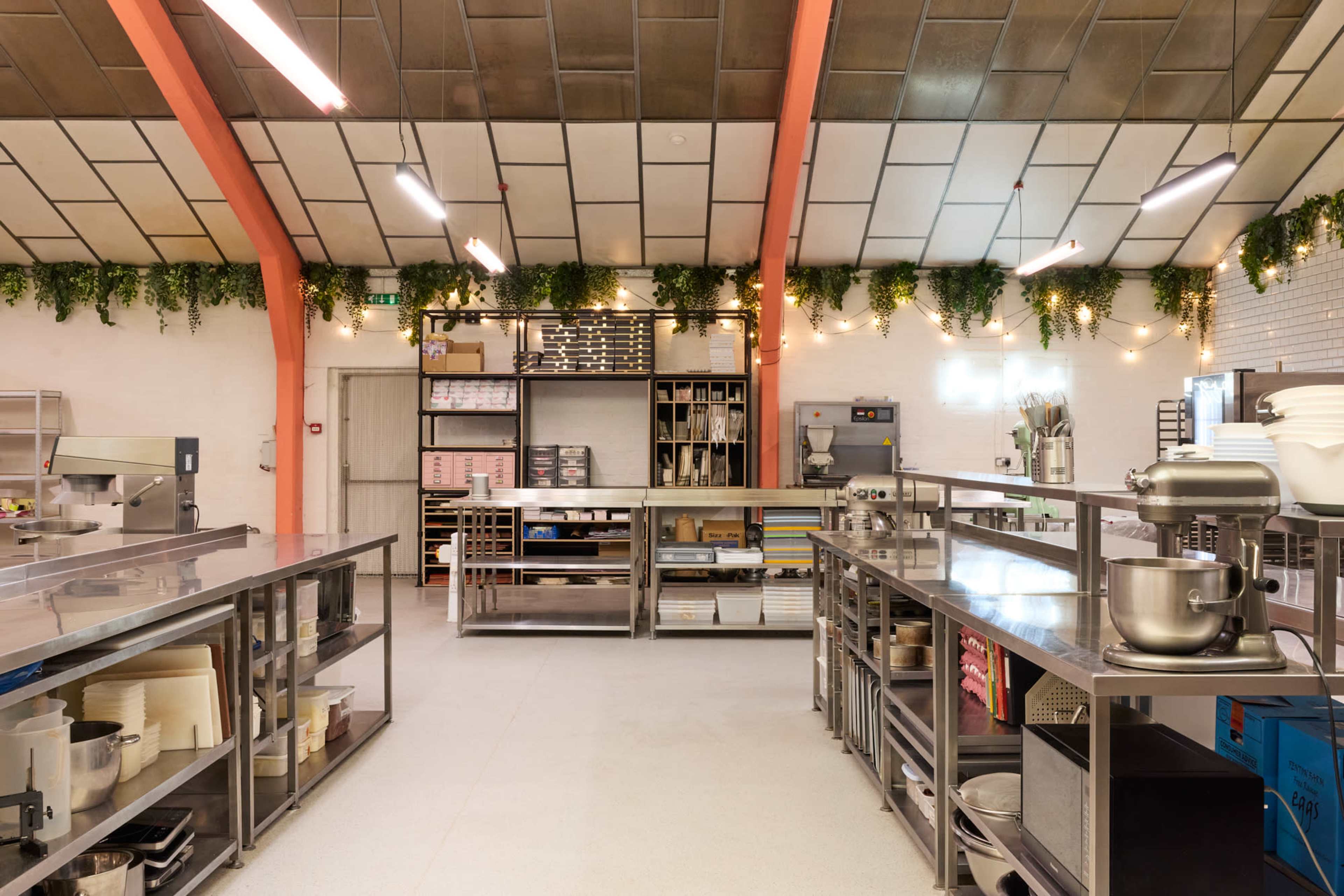 A spacious commercial kitchen features stainless steel workstations, ample storage, and hanging greenery along the walls.