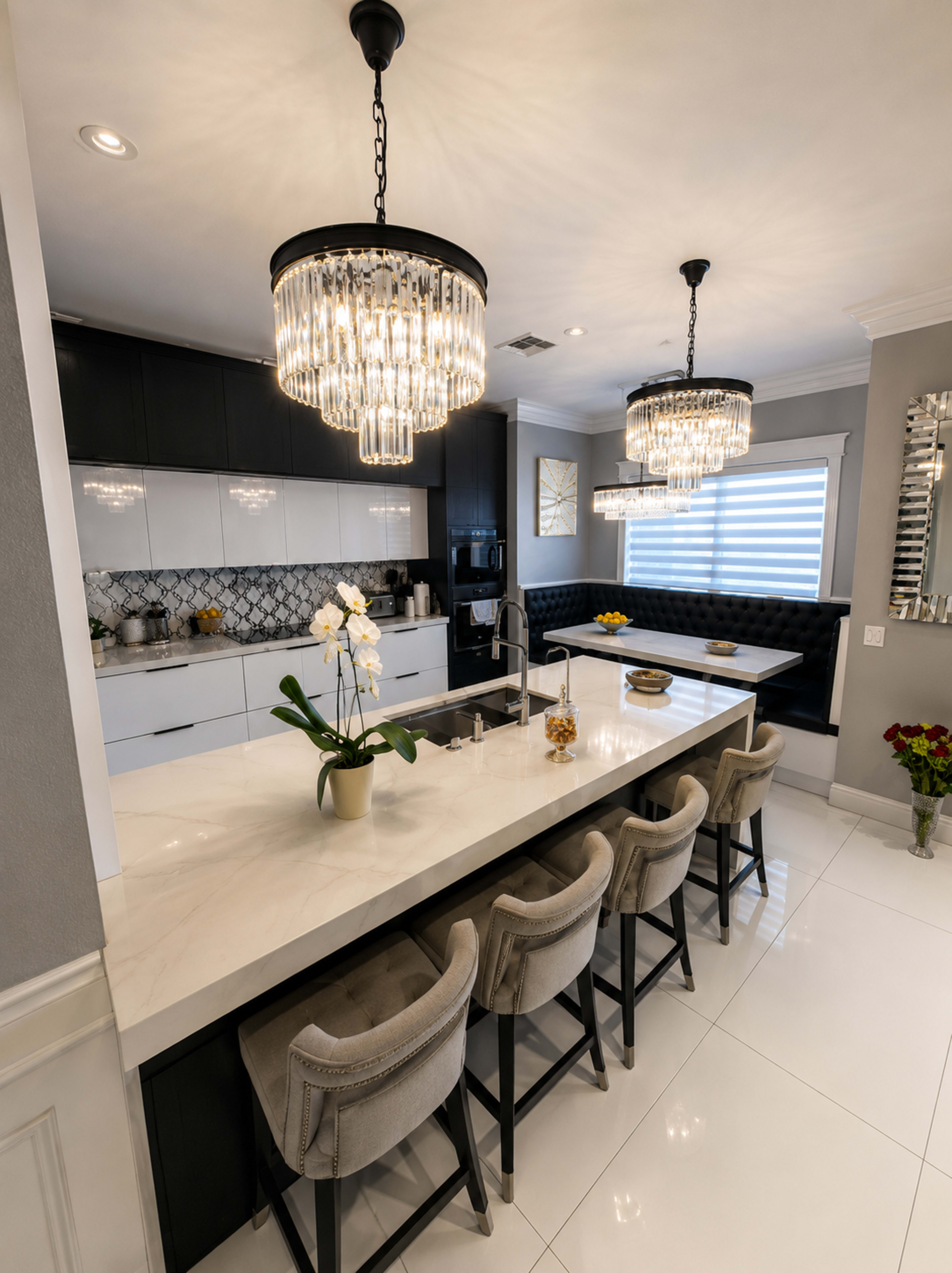 The image shows a modern kitchen featuring a large marble island with seating, elegant chandeliers, and a cozy dining nook with a black upholstered bench.