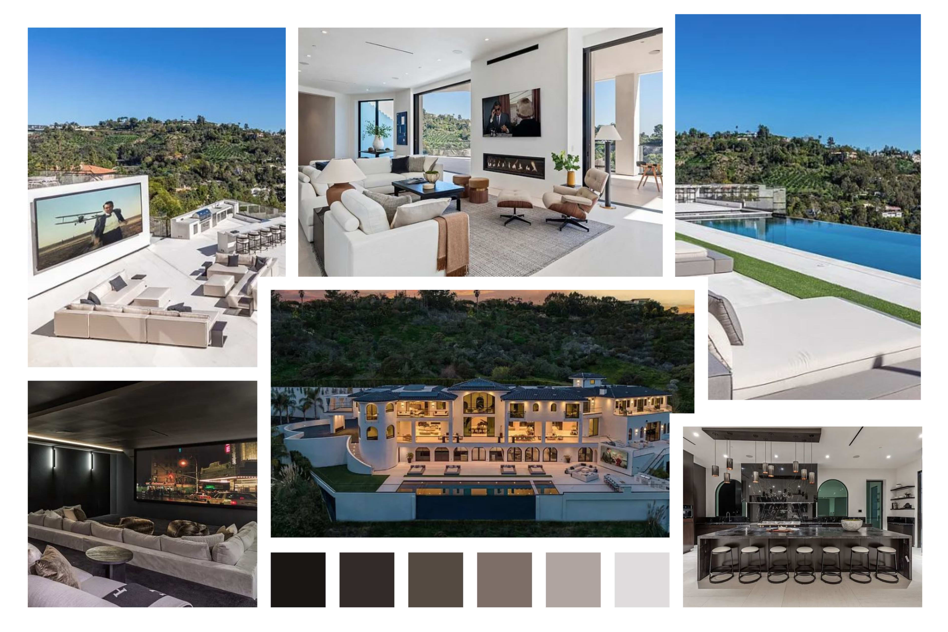The image showcases a luxurious modern villa with expansive outdoor views, featuring a spacious living area, an infinity pool, and stylish interior design elements.