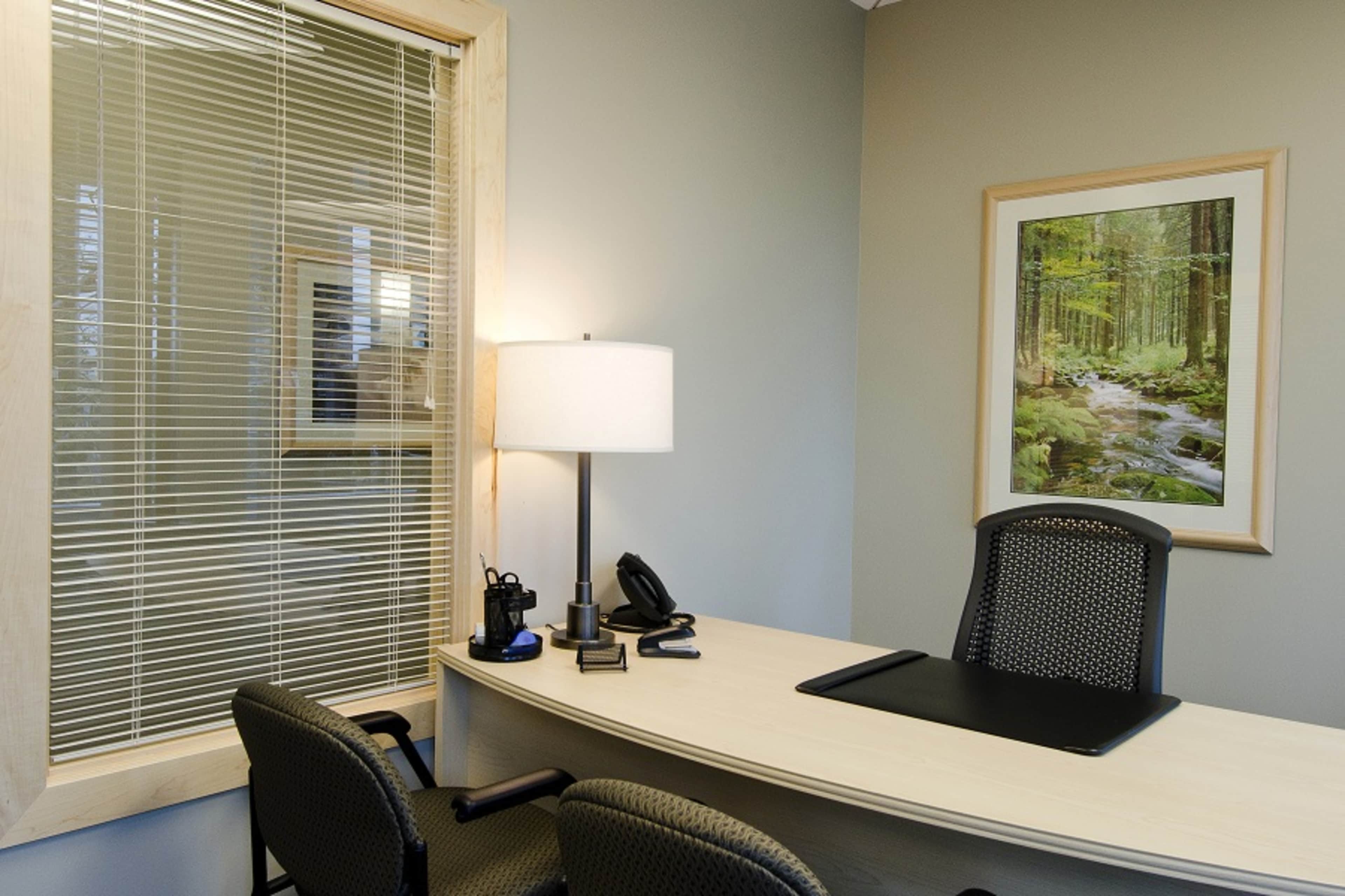 The image shows a well-lit office with a wooden desk, a chair, and a lamp, alongside a window with blinds and a framed nature scene on the wall.